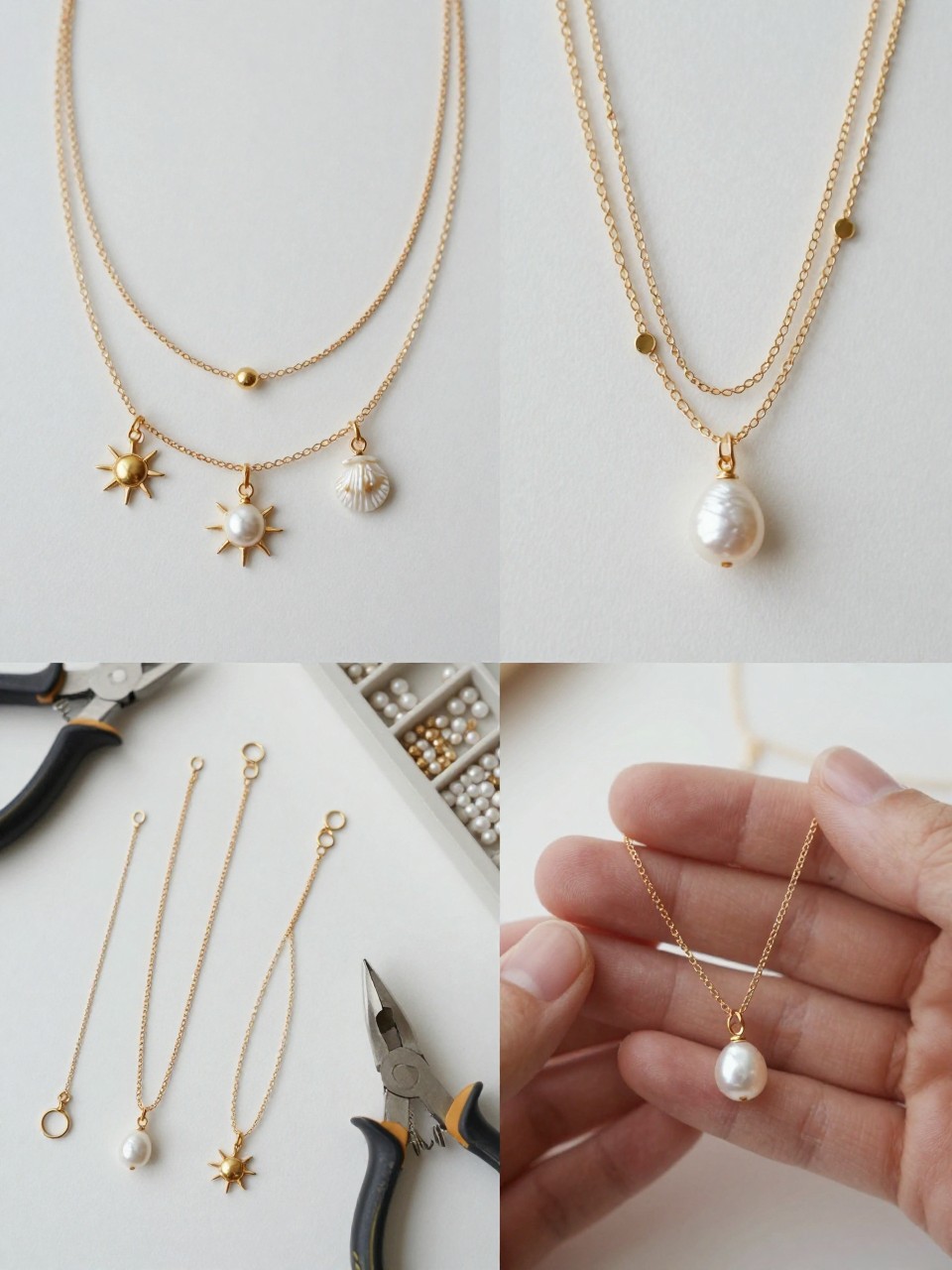 A realistic editorial 2x2 collage grid showing a handmade tiny pendant necklace stack, top-left finished set of three delicate necklaces with sun, pearl, and shell pendants on separate fine chains, top-right close-up of layered chain lengths and small pendant details, bottom-left flat lay of three chains, tiny pendants, jump rings, clasps, pliers, and bead tray, bottom-right cropped hands adding a pearl pendant to one chain, polished summer jewelry layering craft setup, no faces, no text, no watermark on images.