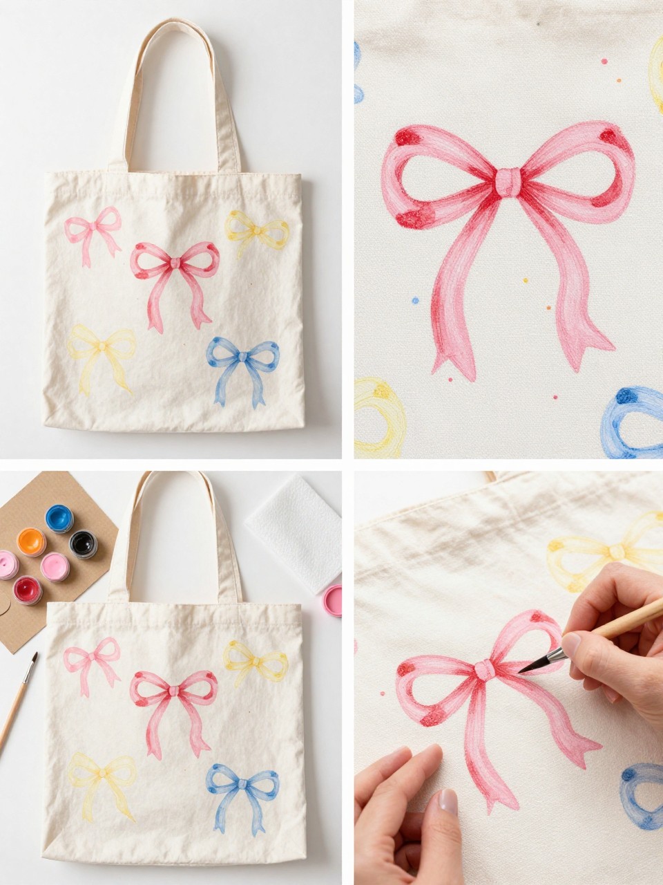 A realistic editorial 2x2 collage grid showing a painted bow canvas tote bag, top-left finished tote with soft pink, red, yellow, and blue bows scattered across cream canvas, top-right close-up of ribbon bow shapes and tiny highlight details, bottom-left flat lay of tote, pastel fabric paints, fine brushes, pencil, cardboard insert, and paper towel, bottom-right cropped hands painting a small bow on the tote, cute feminine summer craft styling, no faces, no text, no watermark on images.