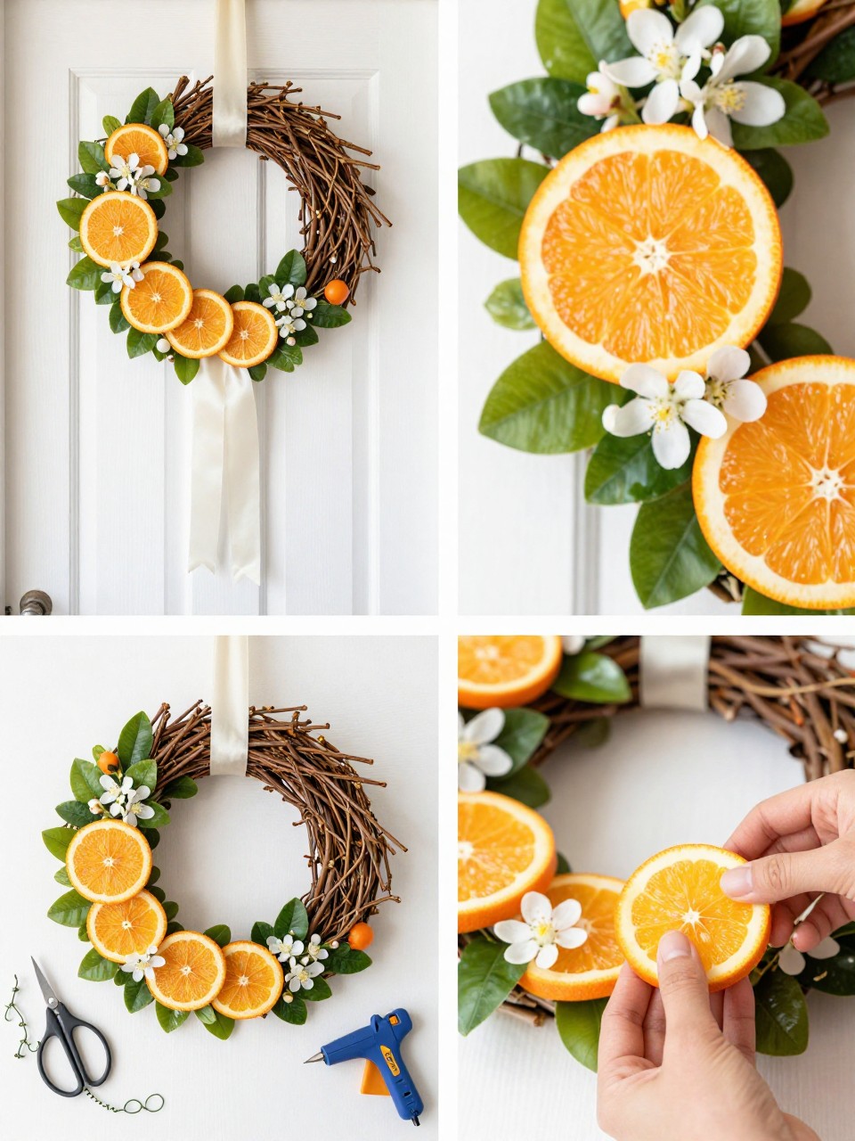 A realistic editorial 2x2 collage grid showing an orange blossom summer wreath, top-left finished wreath on a white or natural wood door with faux orange slices, orange blossoms, glossy green leaves, and cream ribbon, top-right close-up of orange slice details and small white blossoms, bottom-left flat lay of grapevine wreath base, faux orange slices, white blossoms, greenery, cream ribbon, floral wire, scissors, and glue gun, bottom-right cropped hands attaching orange slices to the wreath base, bright summer home decor styling, no faces, no text, no watermark on images.