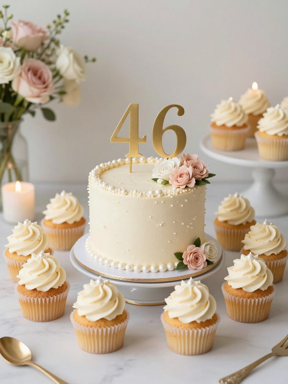 Image Prompt: A cute anniversary dessert set for parents featuring a central anniversary cake with matching decorated cupcakes, all styled with ivory and blush buttercream, pearl sprinkles, and soft floral accents. Arrange them on a polished dessert table with candles, flowers, and elegant tableware. Make it look coordinated, joyful, and realistic, no people, no faces, no text overlay, no watermark. (no watermarks on images)