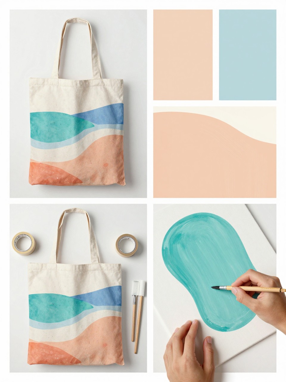 A realistic editorial 2x2 collage grid showing an abstract beach shapes painted tote bag, top-left finished tote with soft abstract shapes in sand, coral, aqua, sky blue, cream, and peach, top-right close-up of clean color blocks and brush texture, bottom-left flat lay of tote, fabric paint, painter’s tape, foam brushes, pencil, cardboard insert, and paper towel, bottom-right cropped hands painting an aqua shape on canvas, modern summer craft styling, no faces, no text, no watermark on images.