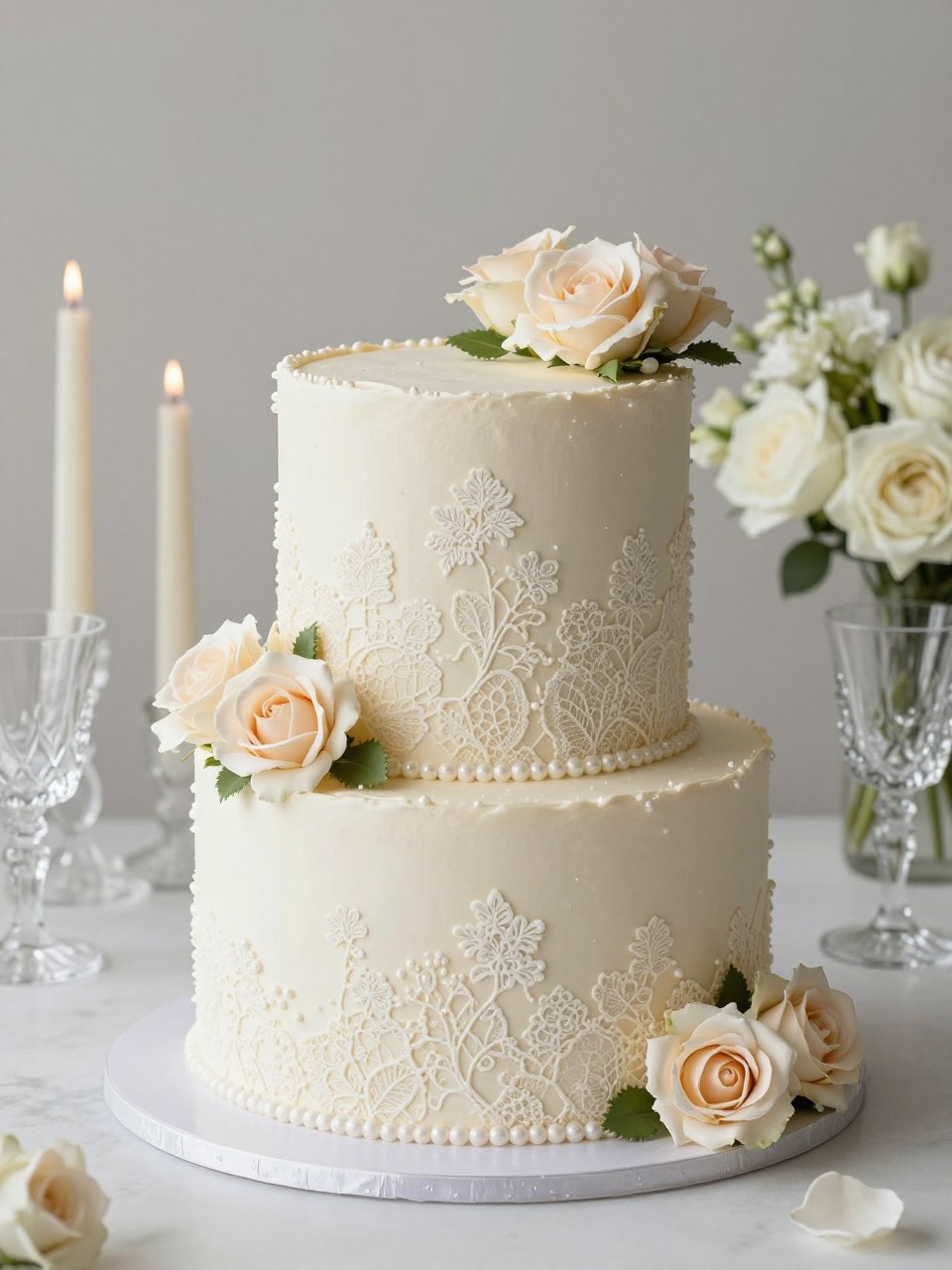 Image Prompt: An elegant lace-inspired anniversary cake for parents with smooth ivory fondant, delicate edible lace details, pearl accents, and soft sugar roses. Style it on a classic dessert table with candles, crystal glasses, and white floral decor. Make it look timeless, graceful, and realistic, with luxury editorial styling, no people, no faces, no watermark. (no watermarks on images)