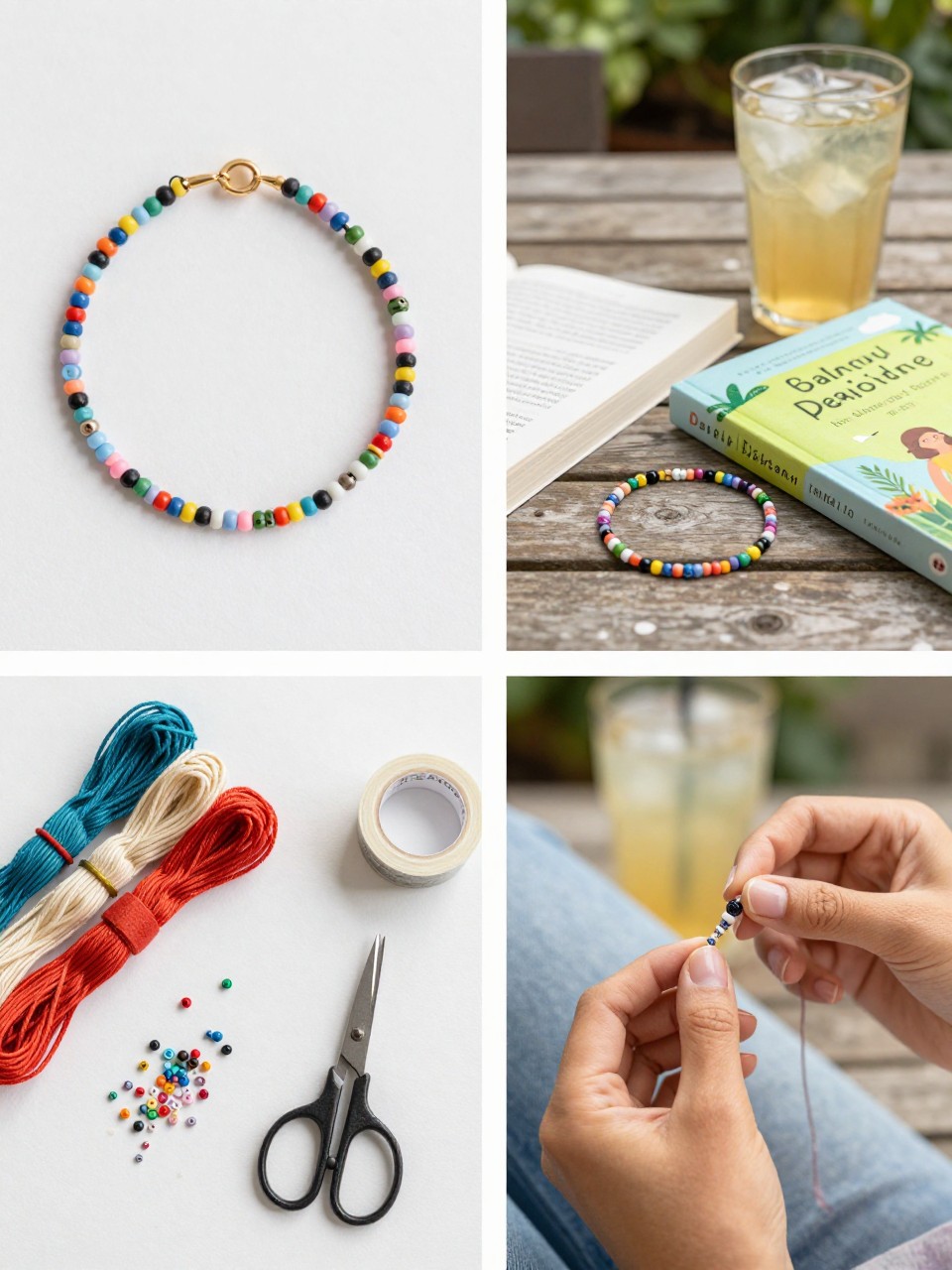 A realistic editorial 2x2 collage grid showing an easy braided bead friendship bracelet, top-left finished braided bracelet with tiny colorful beads woven into the braid, top-right bracelet beside a summer book and iced drink on a patio table, bottom-left flat lay of embroidery floss, small beads, scissors, and tape, bottom-right close-up of beads being added while braiding, relaxed summer afternoon craft mood, realistic natural light, no faces, no text, no watermark on images.
