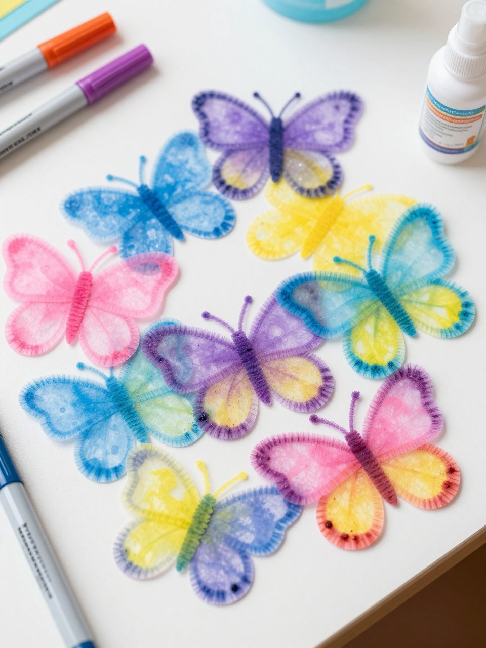 Detailed Image Prompt:
A soft colorful preschool craft photo showing coffee filter butterflies, round coffee filters colored with washable markers in pink, blue, yellow, and purple, lightly sprayed with water for a blended look, gathered in the center with pipe cleaners, displayed on a white craft table with markers and spray bottle nearby, no people, no faces, no text, no watermark on images.