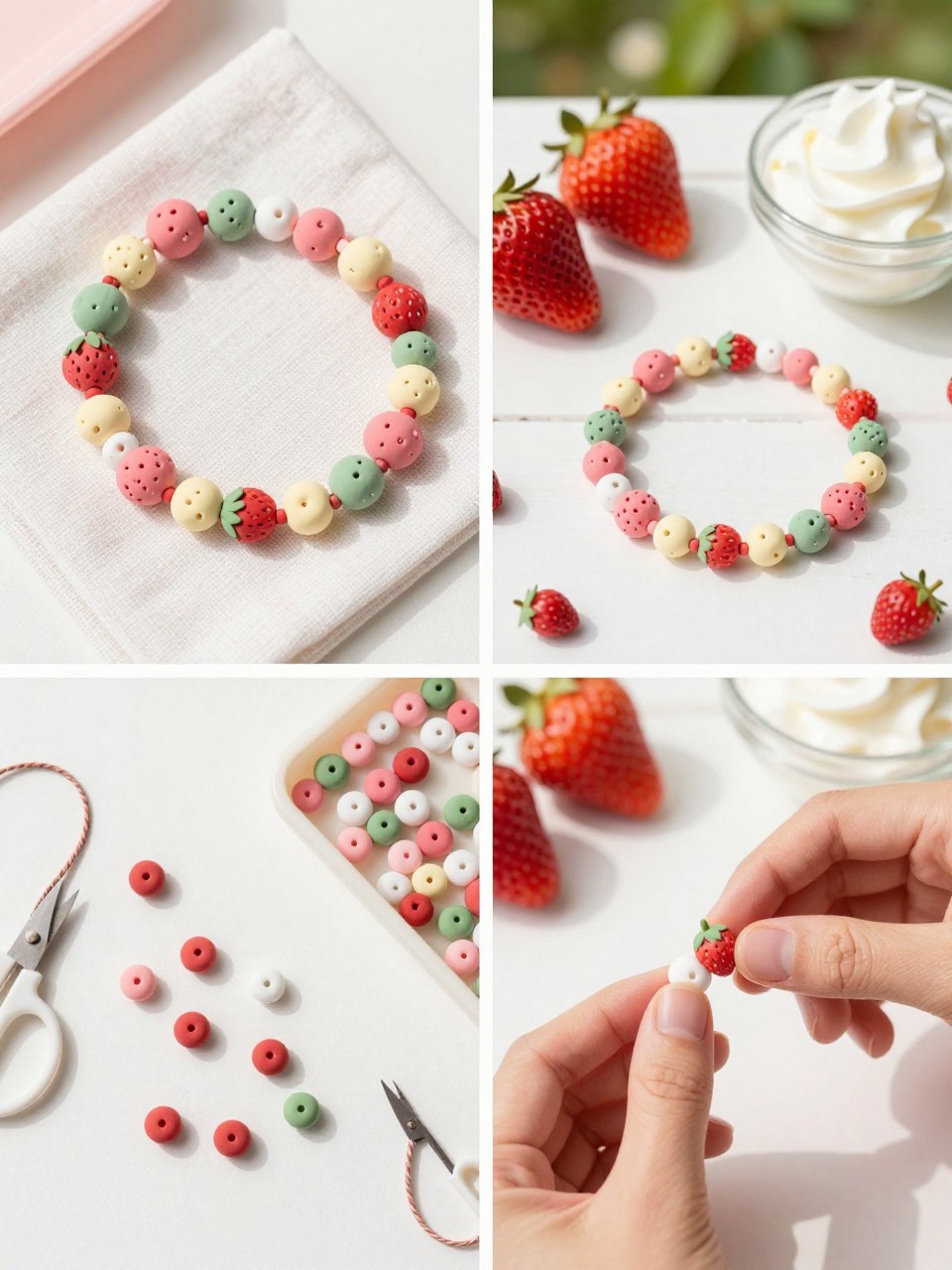 A realistic editorial 2x2 collage grid showing a strawberry cream clay bead bracelet, top-left finished bracelet with strawberry pink, cream, white, soft green, and tiny red accent beads on a picnic napkin, top-right bracelet beside strawberries and a small bowl of whipped cream on a summer table, bottom-left flat lay of pink, cream, white, green, and red clay beads, elastic cord, scissors, and bead tray, bottom-right cropped hands arranging strawberry-inspired beads, sweet summer picnic craft styling, no faces, no text, no watermark on images.