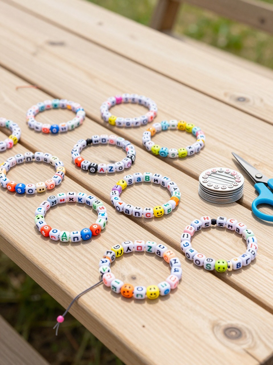 Detailed Image Prompt:
A bright editorial-style summer camp craft photo showing handmade camp name bead bracelets, colorful pony beads, letter beads, smiley beads, star beads, and elastic cord arranged on a clean wooden picnic table, finished bracelets stacked beside friendship pins and craft scissors, sunny outdoor camp setting, cheerful colorful craft styling, no hands, no faces, no readable names, no watermark on images.