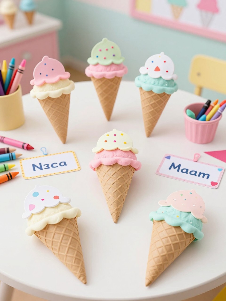 Detailed Image Prompt:
A cute preschool summer craft photo showing paper ice cream cone name crafts, brown paper cones topped with stacked pastel paper scoops, each scoop decorated with stickers, crayon sprinkles, and small paper shapes, craft supplies arranged on a clean table, bright ice cream shop feel, no people, no faces, no readable names, no watermark on images.