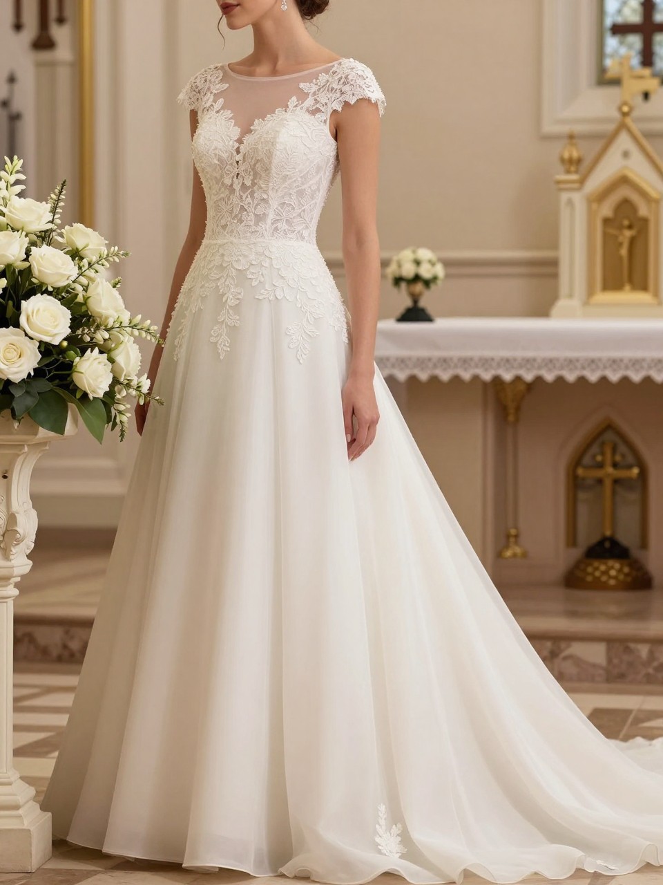 Image Prompt: A luxury bridal editorial scene featuring a modest wedding gown with an illusion neckline, lace appliqué bodice, and soft flowing skirt. The bride is standing near church altar flowers, photographed from collarbone down or from a side-back angle with the head slightly turned away so the face cannot be seen. The dress should look refined, feminine, and suitable for a Christian ceremony. Use soft church lighting, creamy floral accents, realistic textures, elegant styling, fashion magazine quality, no visible face, no text, no watermark. (no watermarks on images)