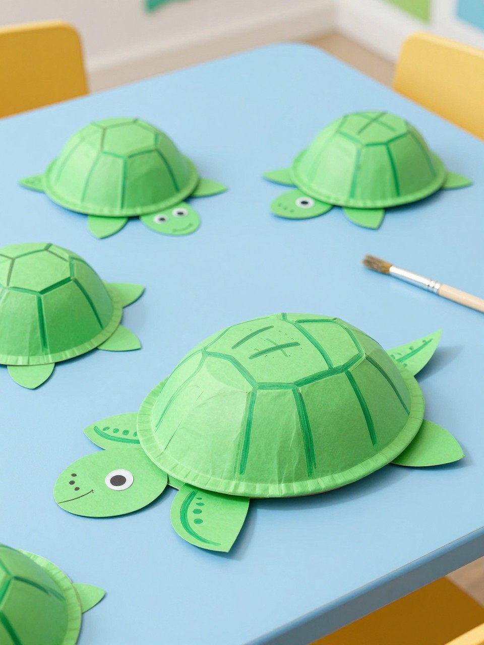 Detailed Image Prompt:
A sweet summer animal craft photo showing paper bowl turtles made by preschoolers, green painted paper bowls turned upside down as turtle shells, paper heads, legs, tails, googly eyes, and simple marker shell patterns, placed on a blue craft table with paintbrushes nearby, no people, no faces, no text, no watermark on images.