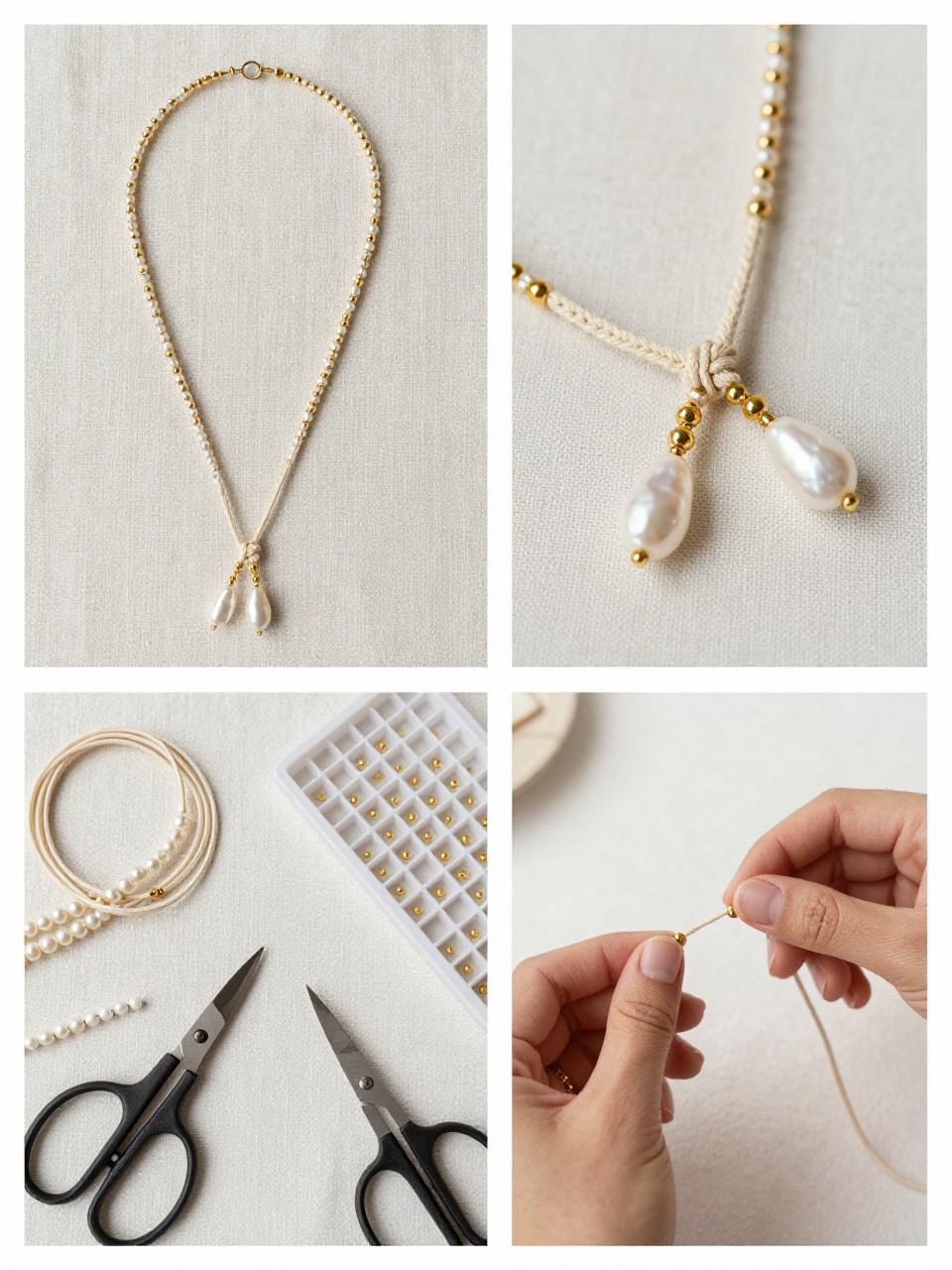 A realistic editorial 2x2 collage grid showing a handmade beaded lariat summer necklace, top-left finished lariat necklace with cream cord, small gold beads, and pearl drop ends styled on linen fabric, top-right close-up of pearl drop ends and knot details, bottom-left flat lay of cord, pearl beads, gold beads, scissors, bead tray, and jewelry glue, bottom-right cropped hands tying beads to the ends of the lariat cord, chic summer jewelry craft styling, no faces, no text, no watermark on images.