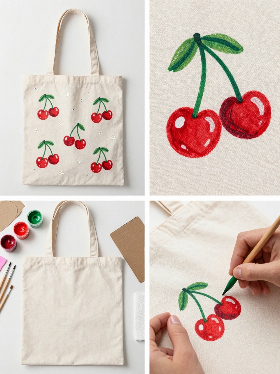 A realistic editorial 2x2 collage grid showing a hand-painted cherry canvas tote bag, top-left finished cream canvas tote with small red cherry pairs, green stems, and tiny white flower dots scattered across the front, top-right close-up of cherry details and brush texture on canvas, bottom-left flat lay of blank tote, red, green, white, and pink fabric paint, fine brushes, pencil, cardboard insert, and paper towel, bottom-right cropped hands painting cherry stems on the tote, sunny summer craft table setting, no faces, no text, no watermark on images.