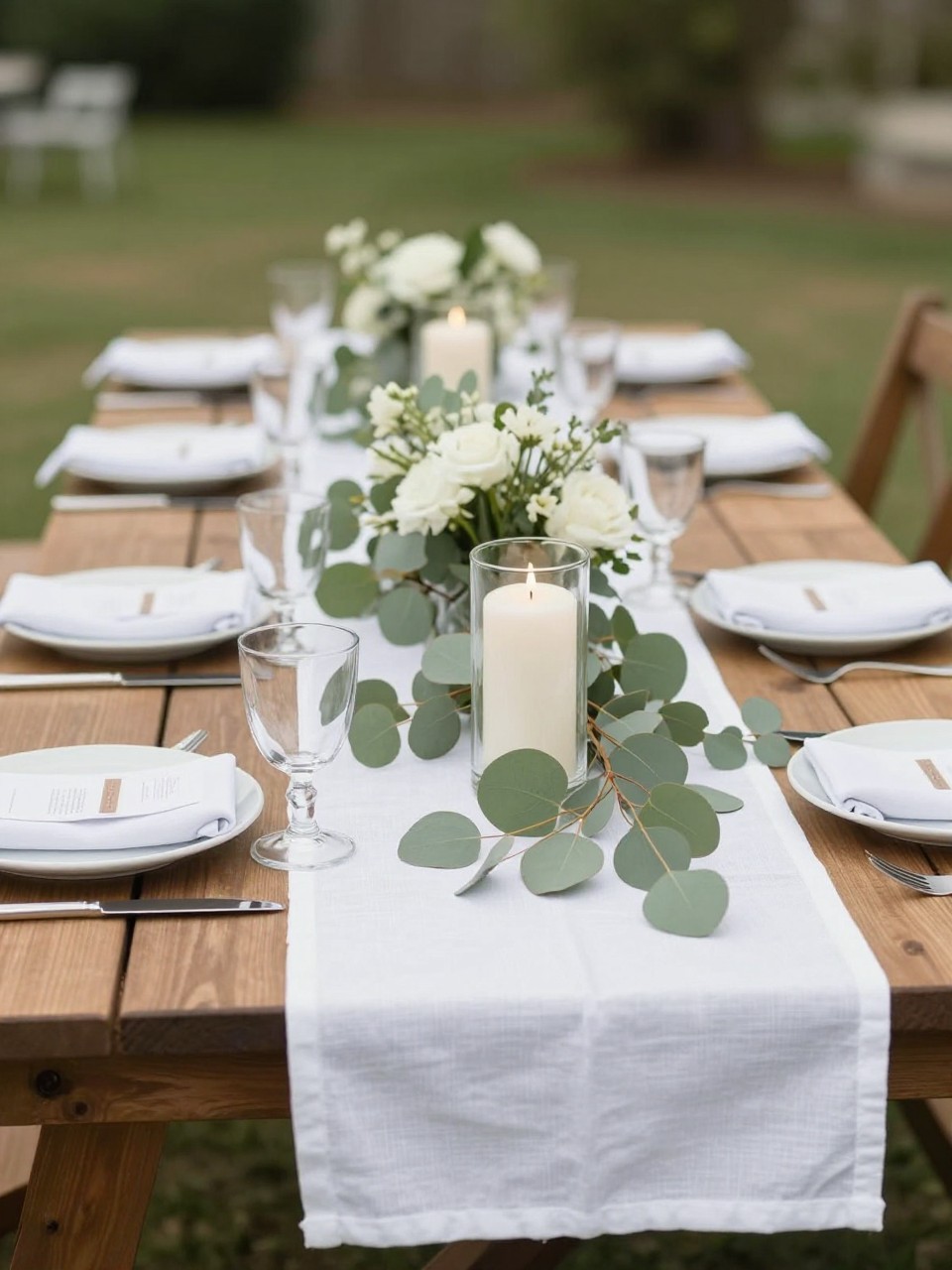 A professional editorial wedding reception photo showing a wooden picnic table styled with a crisp white linen runner, fresh eucalyptus greenery, small white floral arrangements, ivory candles in clear glass holders, white plates, folded linen napkins, clear glassware, and polished flatware. Outdoor garden wedding reception setting with soft natural light, no visible faces, no full people, table-focused composition, realistic DSLR wedding photography, no text, no watermark, (no watermarks on images)
