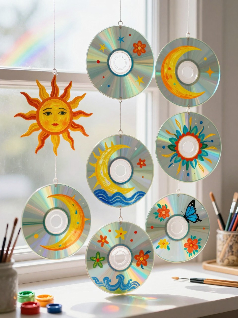 Detailed Image Prompt:
A colorful editorial craft image of old CDs turned into painted sun catchers, clear and metallic CD surfaces decorated with sun, moon, flower, wave, and butterfly designs using glass paint or acrylic paint, hanging near a bright window with rainbow light reflections, extra paints and brushes on a table, trendy recycled teen craft style, no people, no faces, no readable text, no watermark on images.
