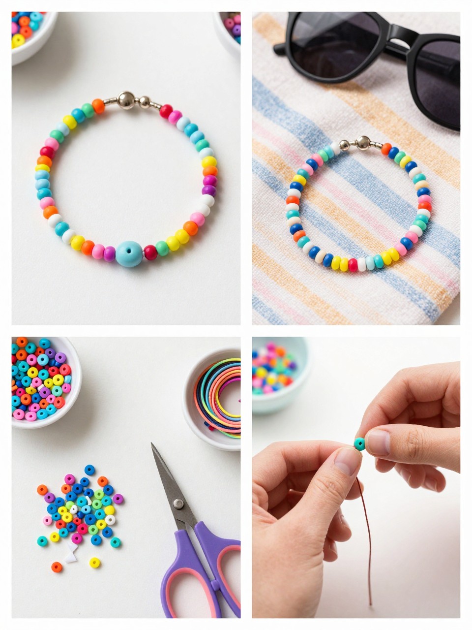 A realistic editorial 2x2 collage grid showing a pony bead summer friendship bracelet, top-left finished bracelet with bright pony beads in beach-inspired colors on a craft table, top-right bracelet beside a beach towel and sunglasses, bottom-left flat lay of pony beads, elastic cord, scissors, and small bowls, bottom-right cropped hands stringing pony beads onto cord, fun beginner craft setting, realistic photo quality, no faces, no text, no watermark on images.