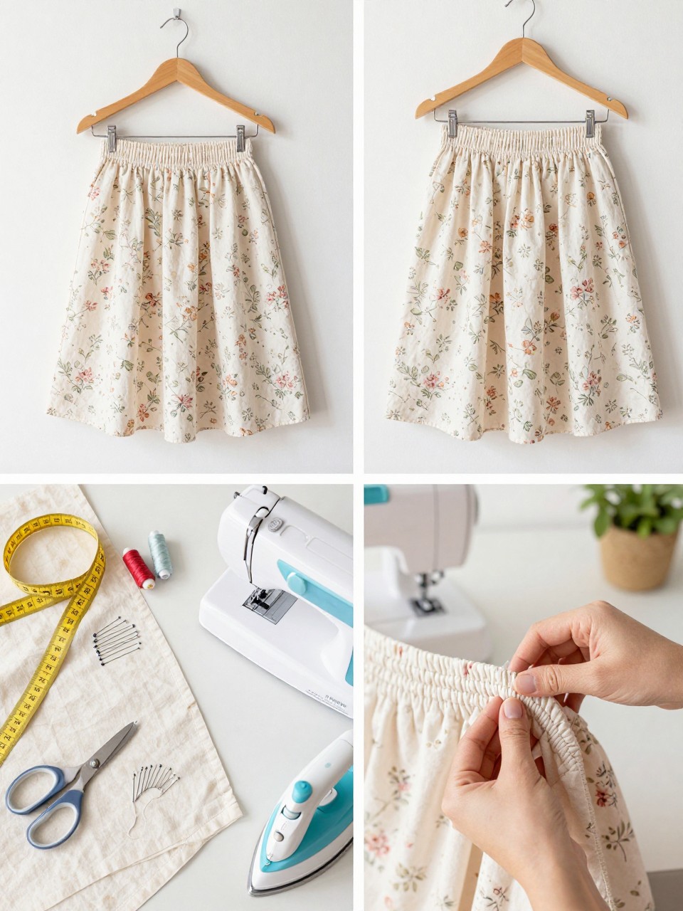 A realistic editorial 2x2 collage grid showing a beginner elastic waist summer skirt, top-left finished simple skirt in lightweight floral cotton hanging on a wooden hanger, top-right close-up of elastic waistband and hem stitching, bottom-left flat lay of cotton fabric, elastic, sewing machine, scissors, pins, measuring tape, thread, and iron, bottom-right cropped hands sewing the waistband casing, bright summer sewing room styling, no faces, no text, no watermark on images.