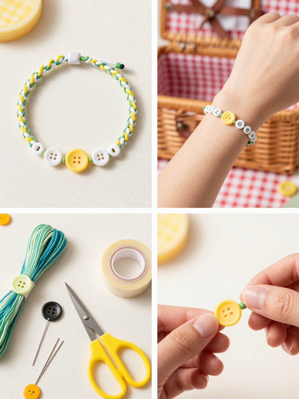 A realistic editorial 2x2 collage grid showing a simple button loop friendship bracelet, top-left finished braided bracelet with a small yellow button closure on a gingham fabric, top-right bracelet clasped around a cropped wrist beside a picnic basket, bottom-left flat lay of embroidery floss, button, scissors, tape, and needle, bottom-right close-up of a loop and button closure being made, cheerful summer picnic craft styling, no faces, no text, no watermark on images.