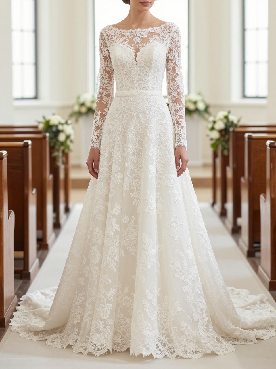 Image Prompt: A high-end bridal editorial photo of a bride wearing a long sleeve lace A-line wedding gown inside a bright church aisle. The dress features delicate floral lace, a fitted bodice, a modest neckline, and a flowing skirt. Show the bride from the neck down only, or from a back three-quarter angle so the face is not visible. Include soft natural light through church windows, a clean white aisle runner, subtle floral pew decor, elegant bridal posture, realistic fabric texture, luxury wedding magazine style, crisp professional photography, no visible face, no text, no watermark. (no watermarks on images)
