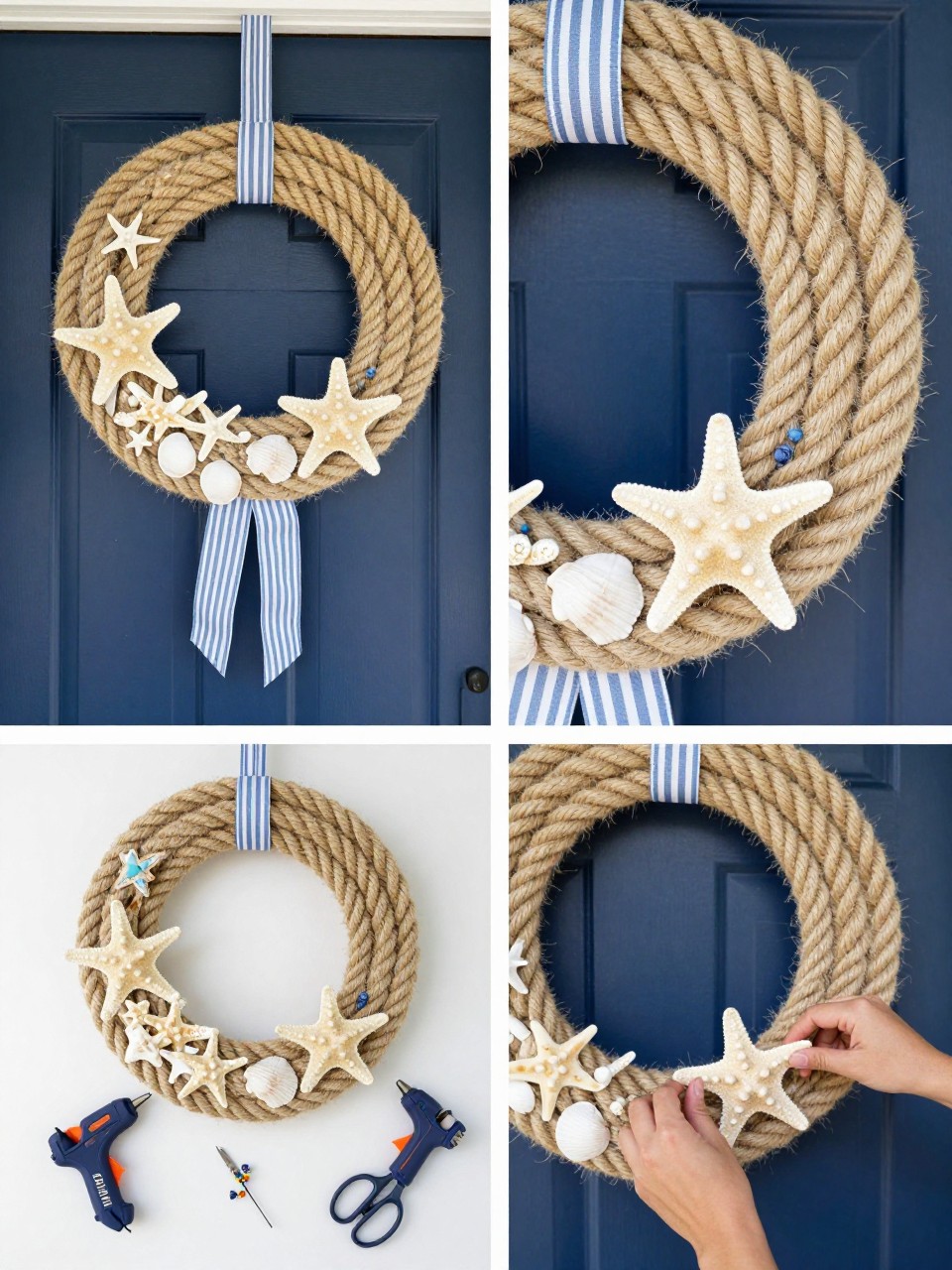 A realistic editorial 2x2 collage grid showing a nautical rope and starfish summer wreath, top-left finished wreath on a navy blue door with thick rope, starfish, white shells, small blue accents, and a striped ribbon, top-right close-up of rope texture and starfish detail, bottom-left flat lay of rope wreath base, starfish, shells, striped ribbon, hot glue gun, scissors, and floral wire, bottom-right cropped hands wrapping thick rope around the wreath form, clean coastal porch styling, no faces, no text, no watermark on images.