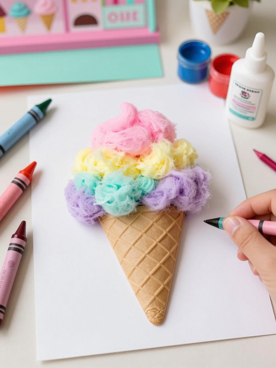 Detailed Image Prompt:
A cute toddler summer craft photo showing cotton ball ice cream cones on cardstock, brown paper cones topped with fluffy cotton ball scoops painted in pastel pink, yellow, mint, and lavender, chunky crayons, washable paint, and glue nearby, playful ice cream shop feel, bright natural light, no people, no faces, no readable text, no watermark on images.