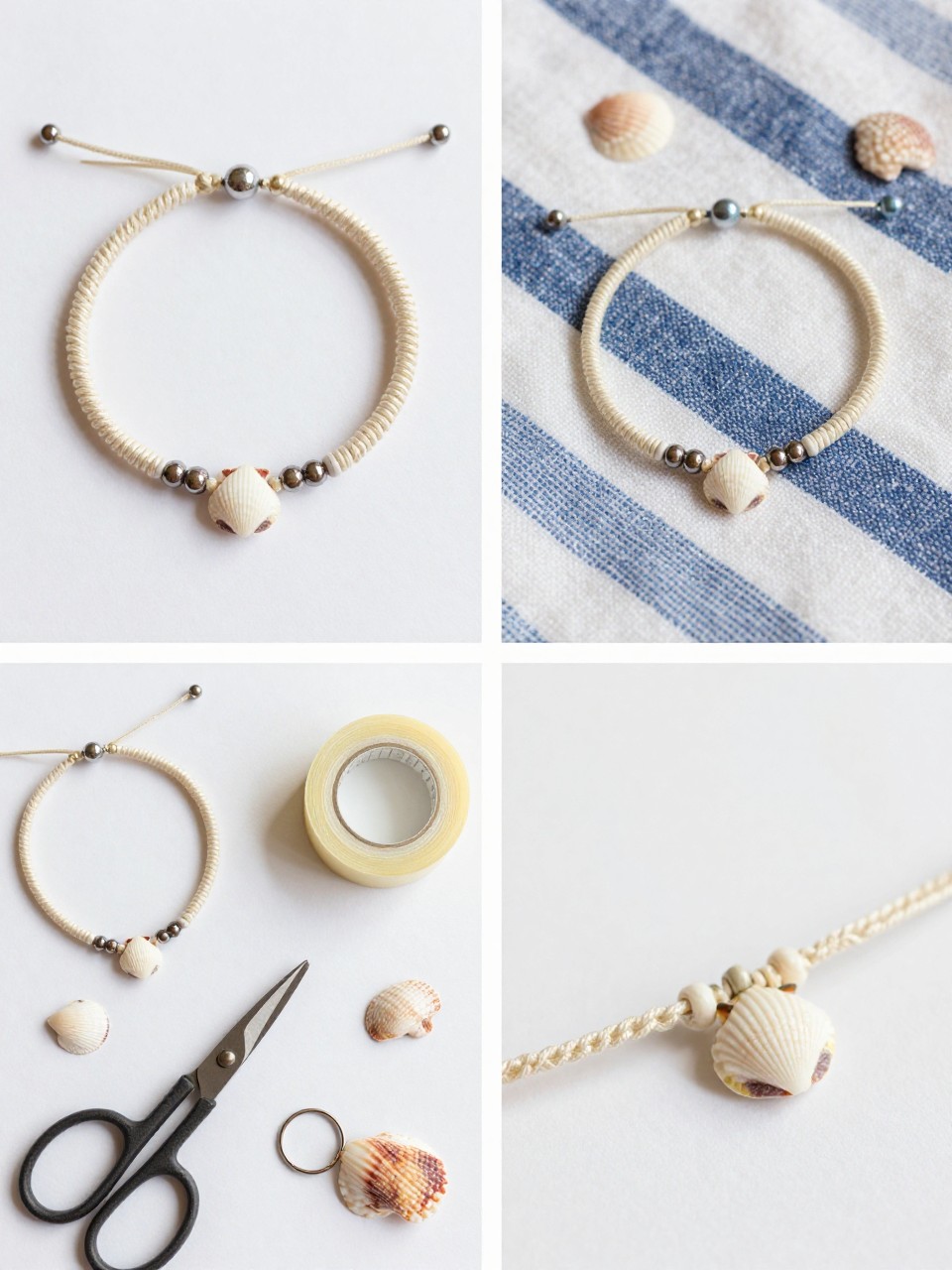 A realistic editorial 2x2 collage grid showing an easy wrapped shell cord friendship bracelet, top-left finished bracelet with cream cord and one small shell charm in the center, top-right bracelet resting on a striped beach towel beside tiny shells, bottom-left flat lay of cord, small shell charm, scissors, tape, and jump ring, bottom-right close-up of cord being wrapped and tied around the shell charm, coastal summer craft styling, no faces, no text, no watermark on images.