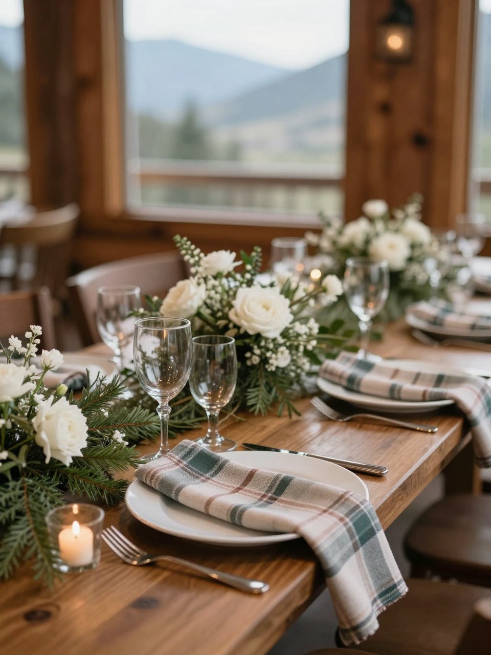 A stylish mountain wedding table photo featuring muted plaid napkins in soft green, beige, navy, or brown tones, paired with white plates, low white floral arrangements, evergreen sprigs, clear glasses, and candlelight. Cozy lodge or mountain cabin reception setting, no visible faces, no text, no watermark, professional DSLR wedding photography, (no watermarks on images)
