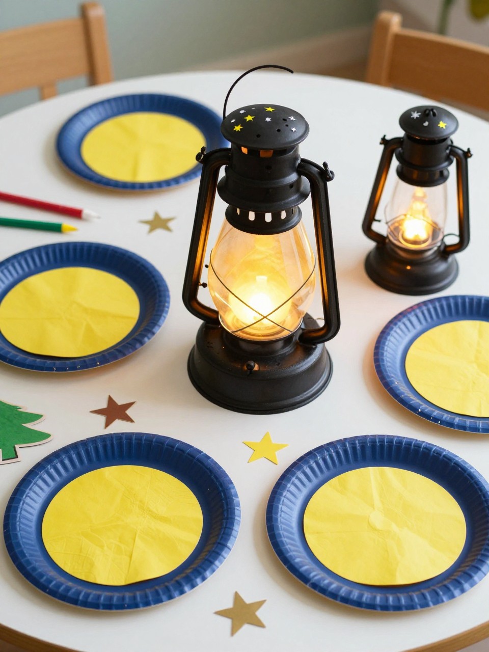 Detailed Image Prompt:
A creative preschool summer craft photo showing paper plate camping lanterns, paper plates painted dark blue with yellow tissue paper light in the middle, black paper handles, star stickers, and simple camping-themed decorations, craft supplies on a clean table, cozy summer camp style, no people, no faces, no readable text, no watermark on images.