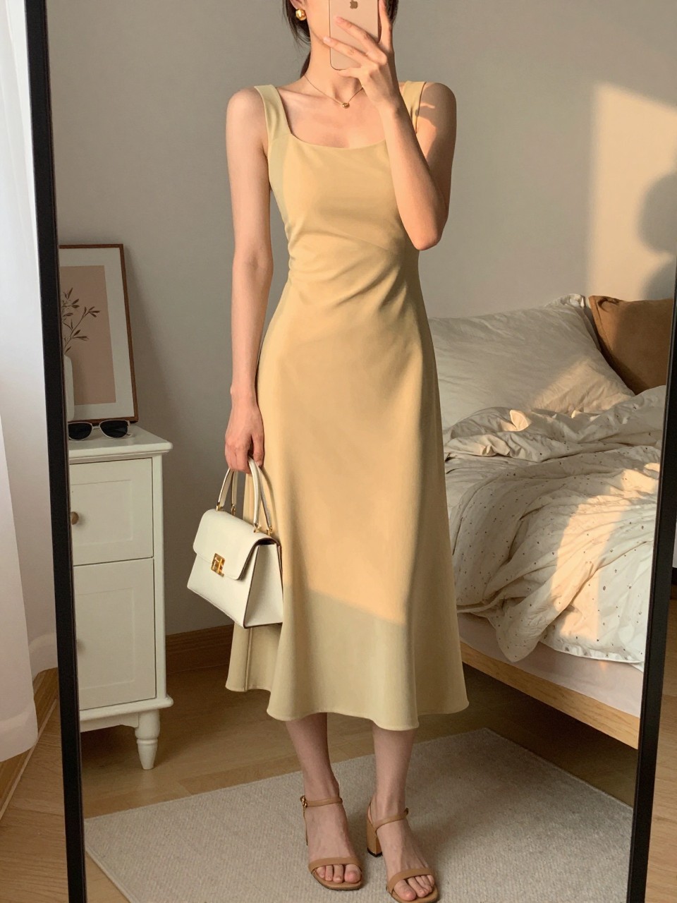 mirror selfie of a woman wearing a butter yellow tea dress with tan heeled sandals, a cream small handbag, and gold earrings, holding a phone in front of a mirror, cropped at NECK so face doesn't show, with a natural casual selfie pose, in a feminine-themed bedroom, evening golden hour, including small lived-in details like soft bedding and sunglasses on a dresser, latest iPhone photo quality.