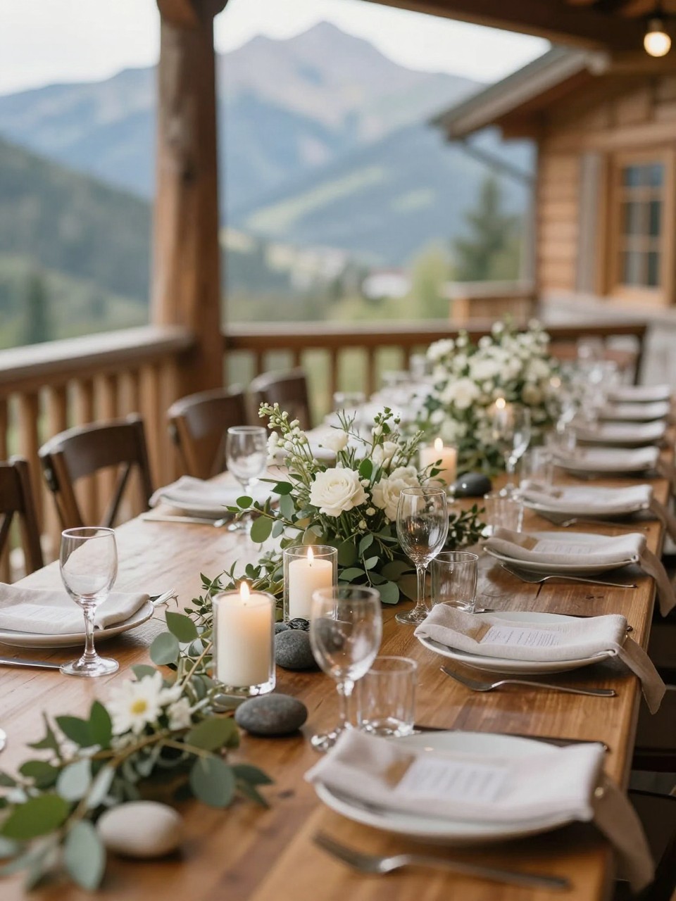 A beautiful mountain wedding table photo showing a long reception table styled with small smooth stone accents, low white floral arrangements, greenery, ivory candles in clear holders, linen napkins, white plates, clear glassware, and warm natural light. Mountain lodge or outdoor alpine reception setting, no visible faces, no text, no watermark, realistic editorial wedding photography, (no watermarks on images)