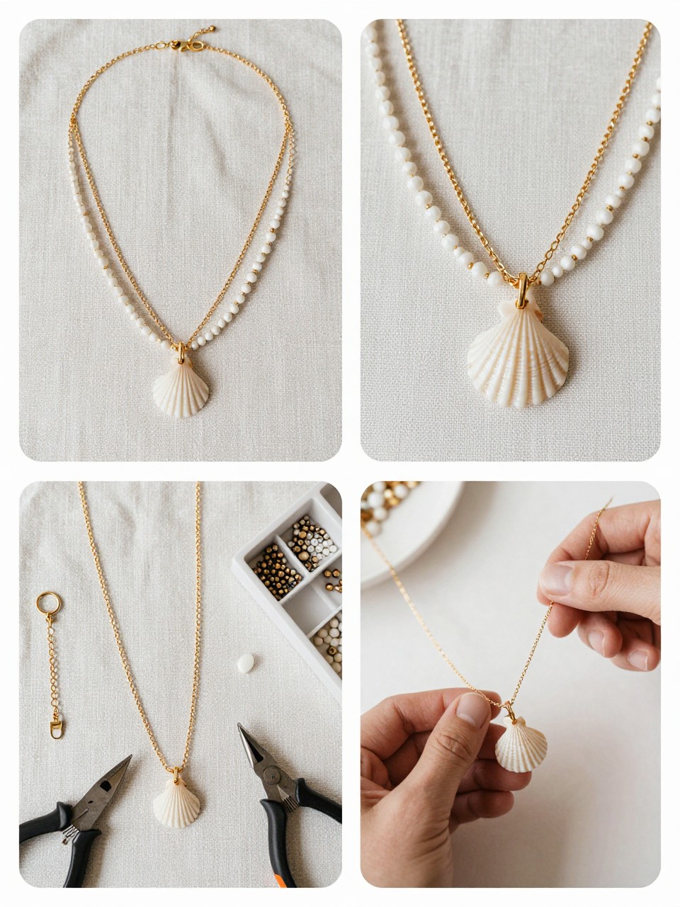 A realistic editorial 2x2 collage grid showing layered shell and chain summer necklaces, top-left finished two-layer necklace set with one fine gold chain and one shell pendant strand on linen fabric, top-right close-up of layered lengths, shell pendant, clasp, and chain texture, bottom-left flat lay of two chains, shell pendant, jump rings, clasp, pliers, scissors, and bead tray, bottom-right cropped hands attaching a shell pendant to the shorter chain, coastal boutique-style jewelry DIY setup, no faces, no text, no watermark on images.