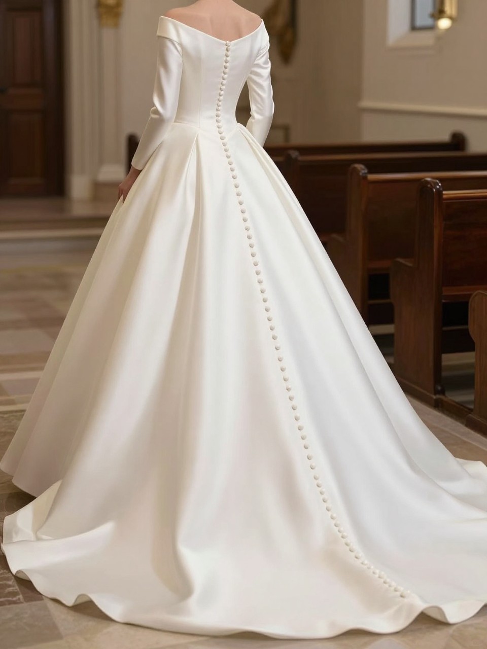 Image Prompt: A sophisticated bridal editorial photo of an off-white satin Christian wedding dress featuring a modest neckline, long sleeves or cap sleeves, and a row of covered buttons down the back. Show the bride from behind to emphasize the buttons and the graceful train, inside a softly lit church setting. Focus on smooth satin texture, elegant structure, refined bridal styling, luxury editorial quality, no visible face, no text, no watermark. (no watermarks on images)