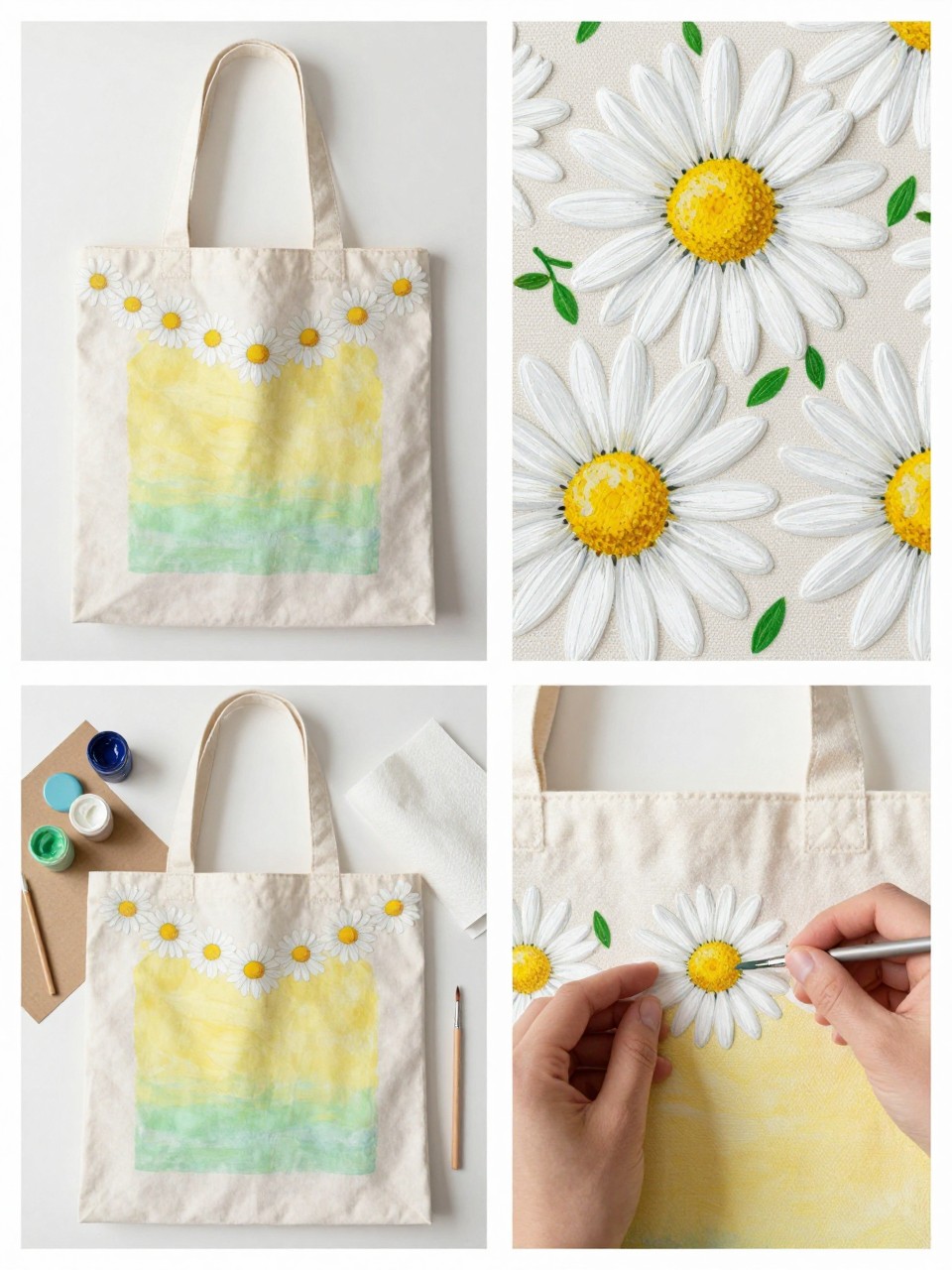 A realistic editorial 2x2 collage grid showing a daisy chain painted canvas tote bag, top-left finished tote with a curved daisy chain border around the handle area and upper edge, top-right close-up of white petals, yellow centers, and tiny green leaves, bottom-left flat lay of tote, white, yellow, green, and pale blue fabric paint, fine brushes, pencil, cardboard insert, and paper towel, bottom-right cropped hands painting a small daisy near the tote handle, pretty summer garden craft styling, no faces, no text, no watermark on images.