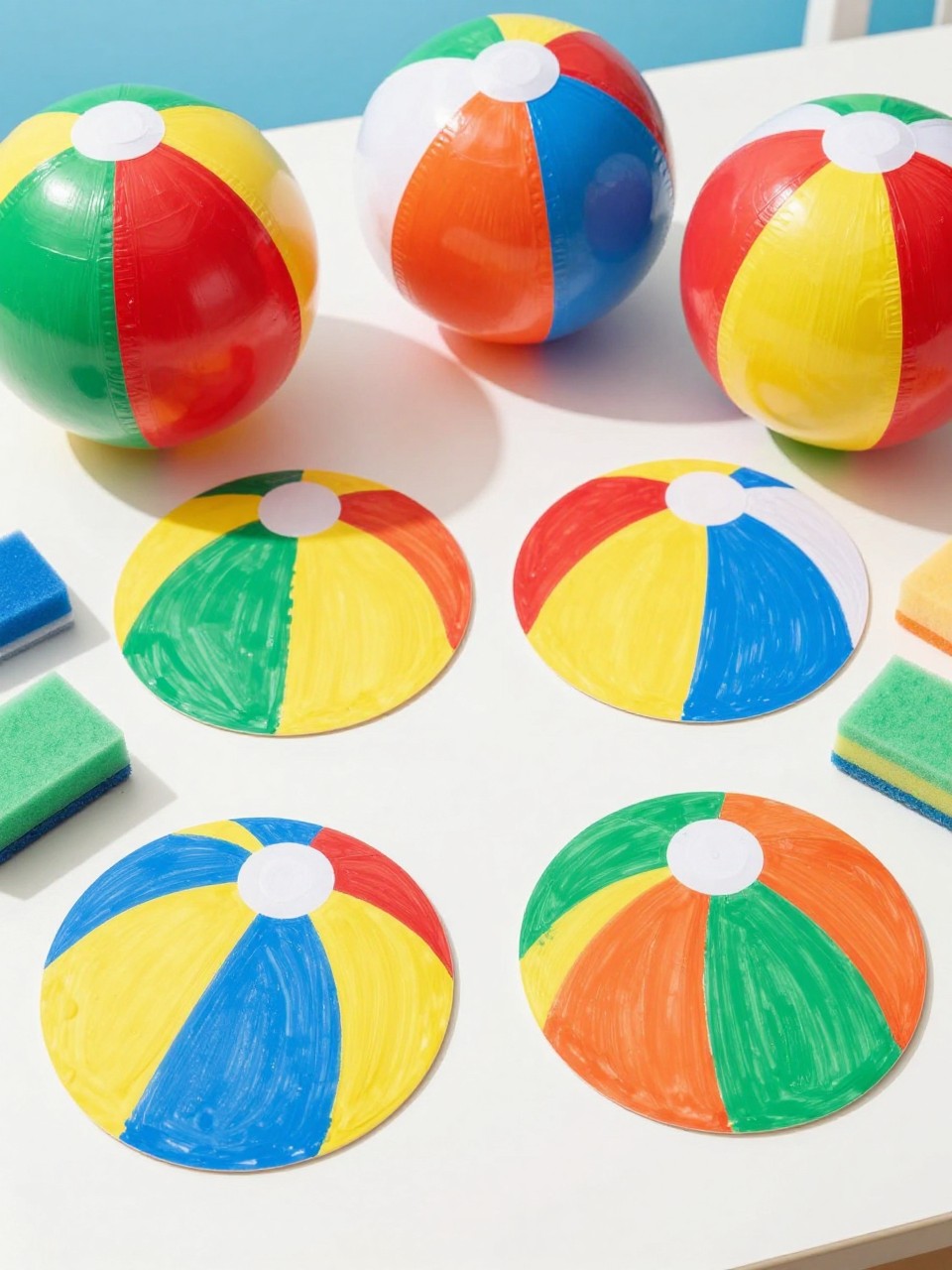 Detailed Image Prompt:
A playful summer craft image showing preschool sponge-painted beach balls, round cardstock circles divided into beach ball sections and painted with bright red, yellow, blue, and green sponge patterns, washable paints and sponge pieces nearby, clean craft table, sunny beach theme, no people, no faces, no text, no watermark on images.