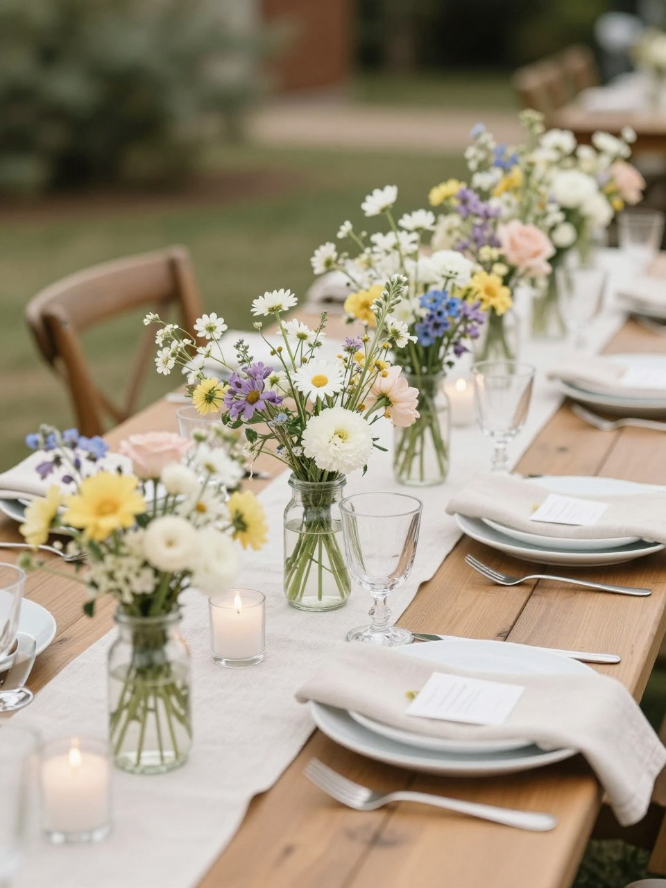 A charming picnic table wedding setup with small clear jars filled with wildflowers in white, pale yellow, blush, lavender, and soft blue tones. Add natural linen napkins, white plates, clear glasses, small candle votives, and a warm backyard or garden wedding setting. No visible faces, no text, no watermark, realistic editorial wedding photography, (no watermarks on images)