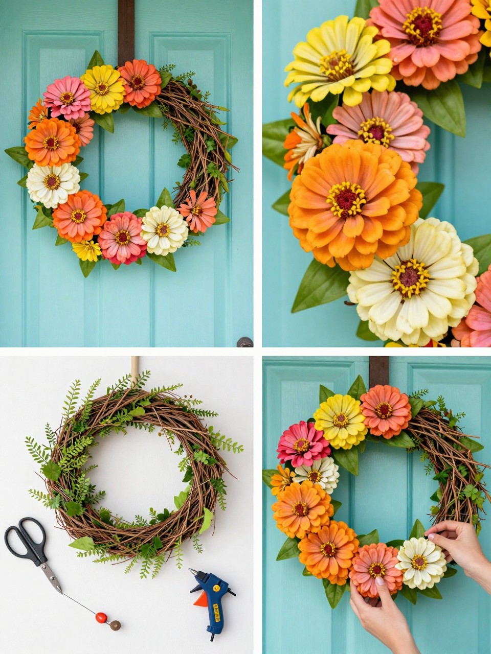 A realistic editorial 2x2 collage grid showing a bright zinnia summer wreath, top-left finished wreath on a turquoise door with faux zinnias in pink, orange, coral, yellow, and white, top-right close-up of layered zinnia blooms and green leaves, bottom-left flat lay of grapevine wreath base, faux zinnia stems, greenery, floral wire, scissors, and hot glue gun, bottom-right cropped hands placing colorful flowers around the wreath, cheerful garden porch styling, no faces, no text, no watermark on images.