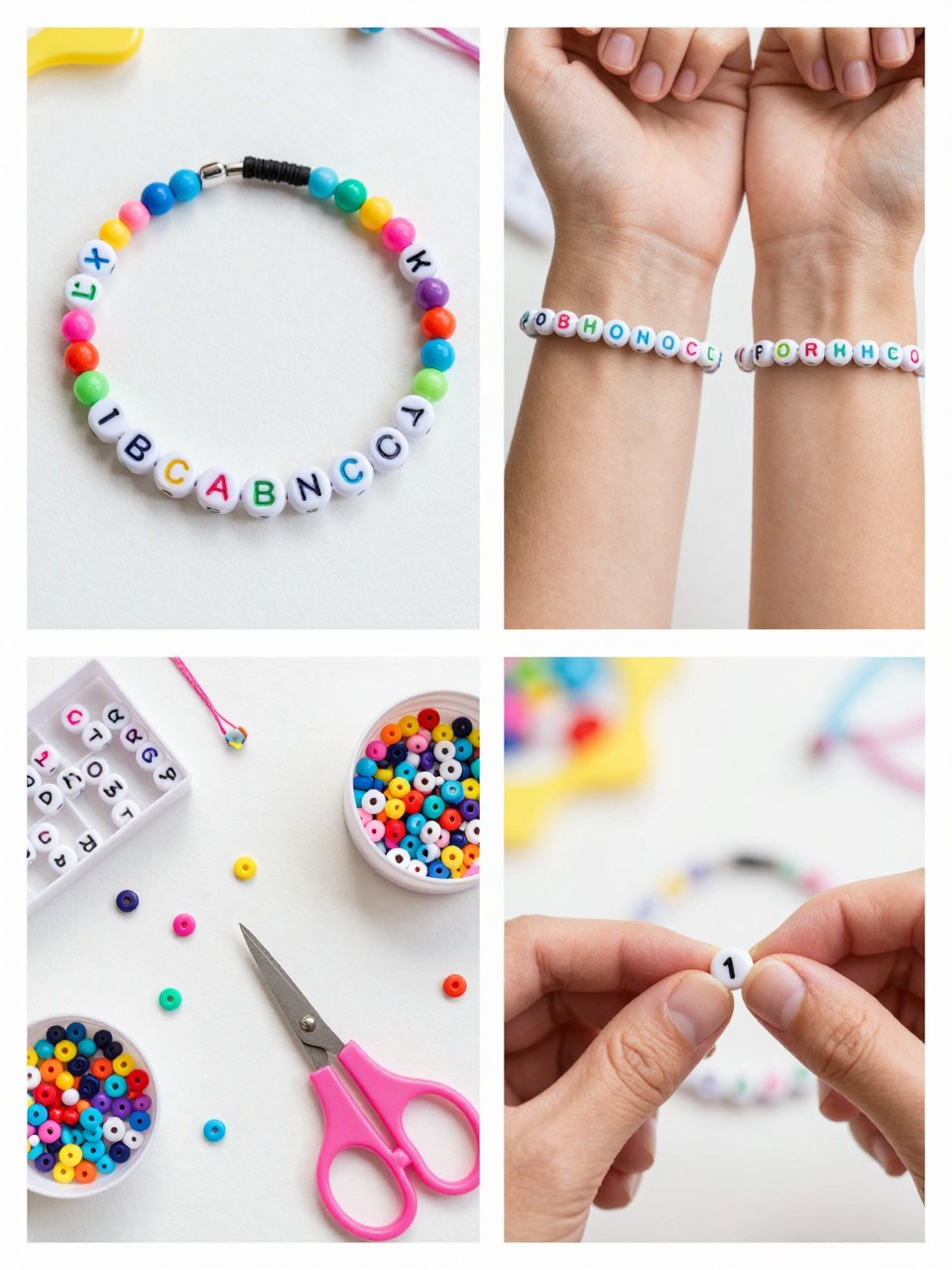 A realistic editorial 2x2 collage grid showing a beginner initial friendship bracelet, top-left finished elastic bracelet with one alphabet initial bead and colorful round beads, top-right matching initial bracelets on two cropped wrists with no faces shown, bottom-left flat lay of alphabet beads, round beads, elastic cord, scissors, and small bead tray, bottom-right close-up of an initial bead being added to the center, playful summer craft party setting, no faces, no text beyond bead letters, no watermark on images.
