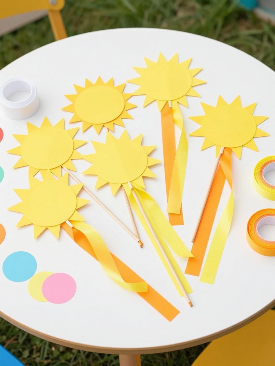 Detailed Image Prompt:
A bright preschool craft photo showing handmade sunshine ribbon wands, yellow paper suns attached to craft sticks with orange and yellow ribbon streamers hanging below, arranged on a white table with glue, paper circles, and ribbon pieces nearby, cheerful outdoor summer play theme, no children, no faces, no readable text, no watermark on images.