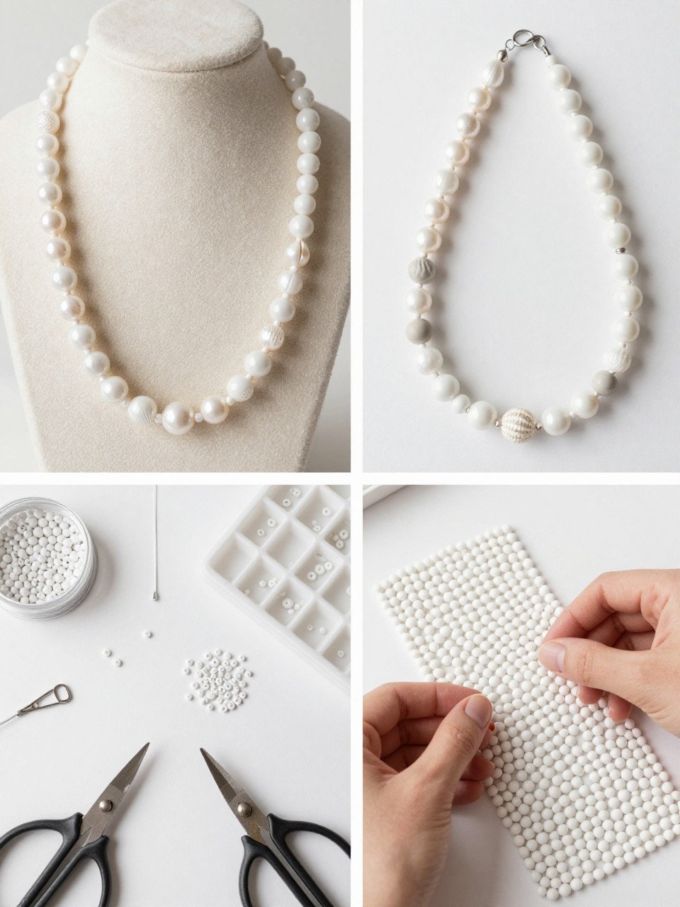 A realistic editorial 2x2 collage grid showing a monochrome white bead summer necklace, top-left finished necklace with mixed white beads in pearl, shell, glass, and clay textures on a jewelry stand, top-right close-up of mixed white bead textures and clasp finish, bottom-left flat lay of white beads, beading wire, clasp, crimp beads, scissors, pliers, and bead tray, bottom-right cropped hands arranging white beads in a texture-based pattern, clean summer jewelry DIY setting, no faces, no text, no watermark on images.