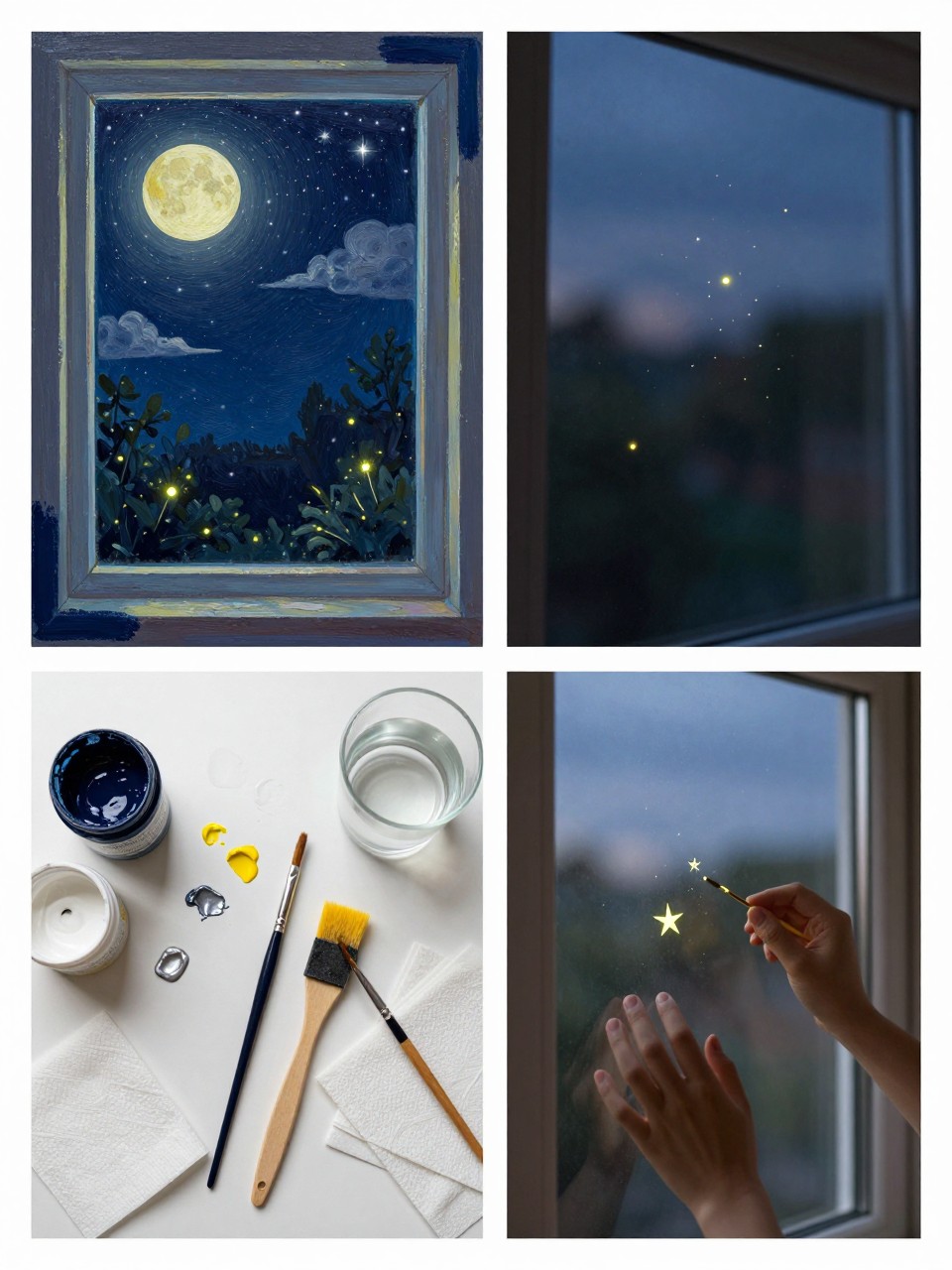 A realistic editorial 2x2 collage grid showing a starry summer night window painting, top-left finished window with painted moon, stars, fireflies, small clouds, and soft navy-blue corner details, top-right close-up of stars and tiny glowing dots on the glass in evening light, bottom-left flat lay of navy, white, yellow, and silver washable paint, fine brushes, sponge brush, paper towels, and water cup, bottom-right cropped hands dotting stars onto a window pane, calm summer evening bedroom window setting, no faces, no text, no watermark on images.