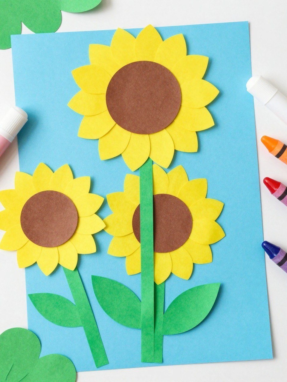 Detailed Image Prompt:
A sweet editorial craft photo of preschool-made cupcake liner sunflowers on blue cardstock, yellow cupcake liners flattened into flower petals, brown paper circles in the center, green paper stems and leaves, glue sticks and crayons nearby, bright garden-inspired summer craft setup, no people, no faces, no readable text, no watermark on images.