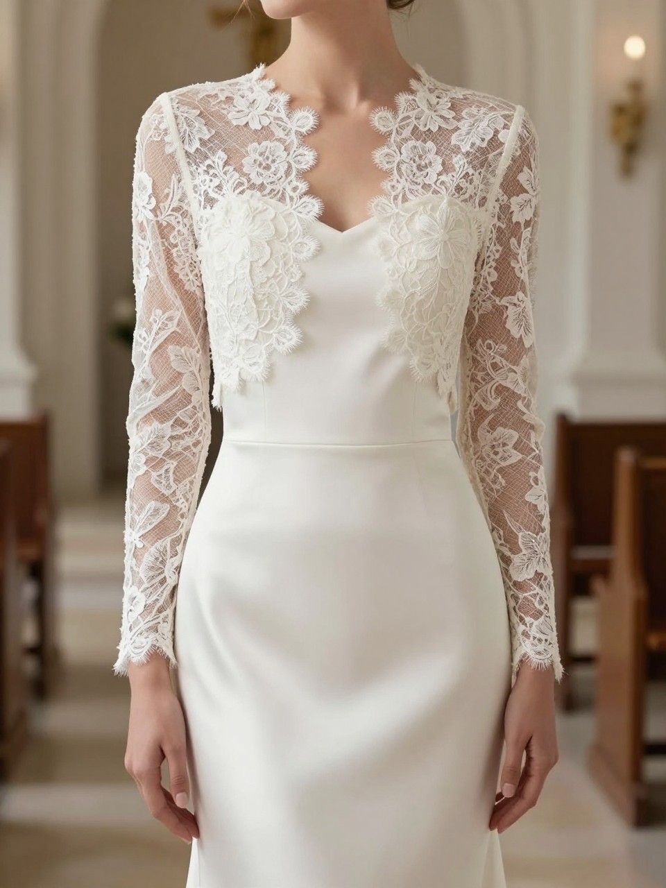 Image Prompt: A high-end bridal editorial photo of a wedding dress with a delicate lace bolero layered over a simple satin slip gown. Show the bride from the neck down only, or from a back three-quarter angle with the face fully hidden. The bolero features soft floral lace, fitted long sleeves, and a light cropped shape over a clean satin silhouette. Set the scene in a refined chapel or elegant bridal studio with soft natural light, realistic fabric texture, luxury magazine styling, graceful posture, no visible face, no text, no watermark. (no watermarks on images)