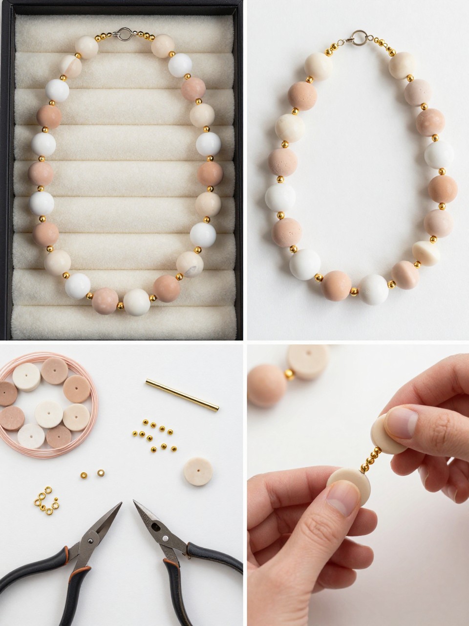 A realistic editorial 2x2 collage grid showing a polished clay bead summer necklace, top-left finished necklace with cream, blush, sand, and white clay disc beads mixed with tiny gold spacer beads on a jewelry tray, top-right close-up of clay bead texture, gold spacers, and clasp finish, bottom-left flat lay of clay beads, gold spacer beads, beading wire, clasp, crimp beads, pliers, and scissors, bottom-right cropped hands adding gold spacers between clay beads, refined summer craft jewelry setup, no faces, no text, no watermark on images.