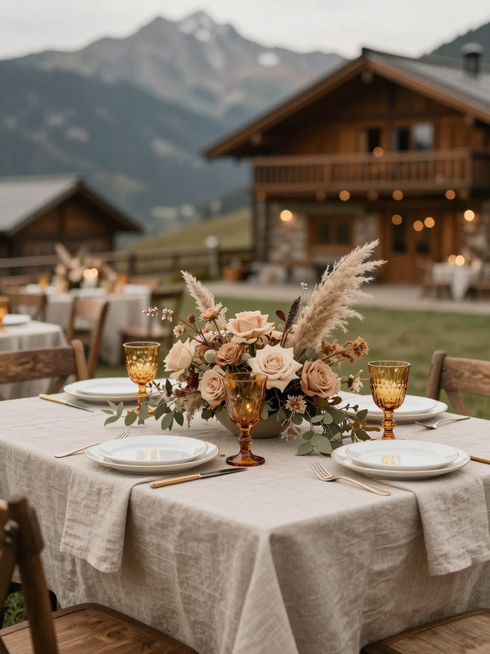 A stylish mountain wedding table decorated with warm neutral linen, dried flowers, beige roses, pampas grass used lightly, soft greenery, amber glassware, white plates, and warm candlelight. Rustic mountain lodge or outdoor alpine reception setting, no visible faces, no text, no watermark, realistic editorial wedding photography, (no watermarks on images)