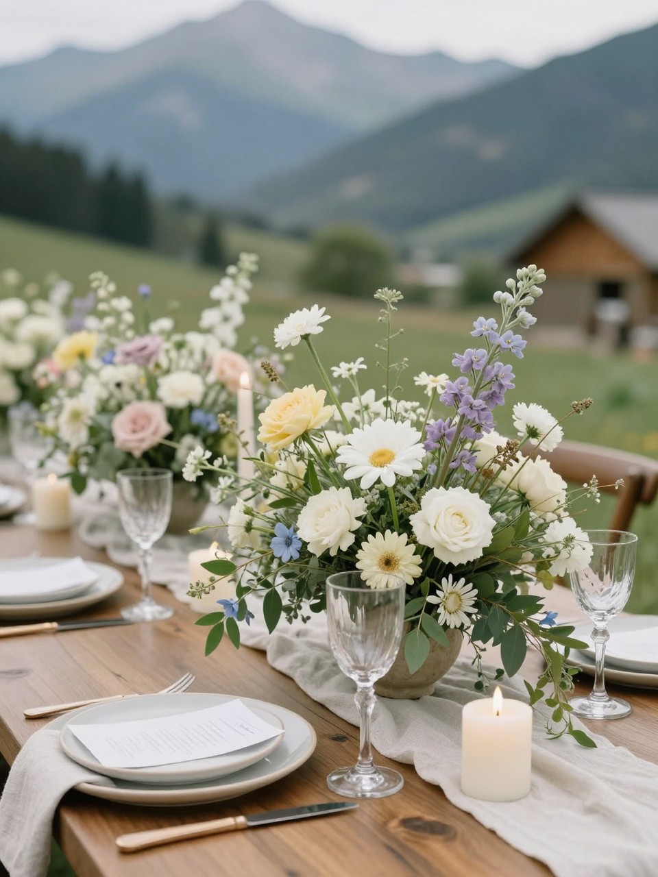 A charming mountain wedding table styled with loose wildflower centerpieces in white, pale yellow, blush, lavender, and soft blue tones, mixed with greenery and small alpine-inspired stems. Add natural linen, ceramic plates, clear glassware, ivory candles, and a scenic mountain outdoor reception backdrop. No visible faces, no text, no watermark, realistic editorial wedding photography, (no watermarks on images)