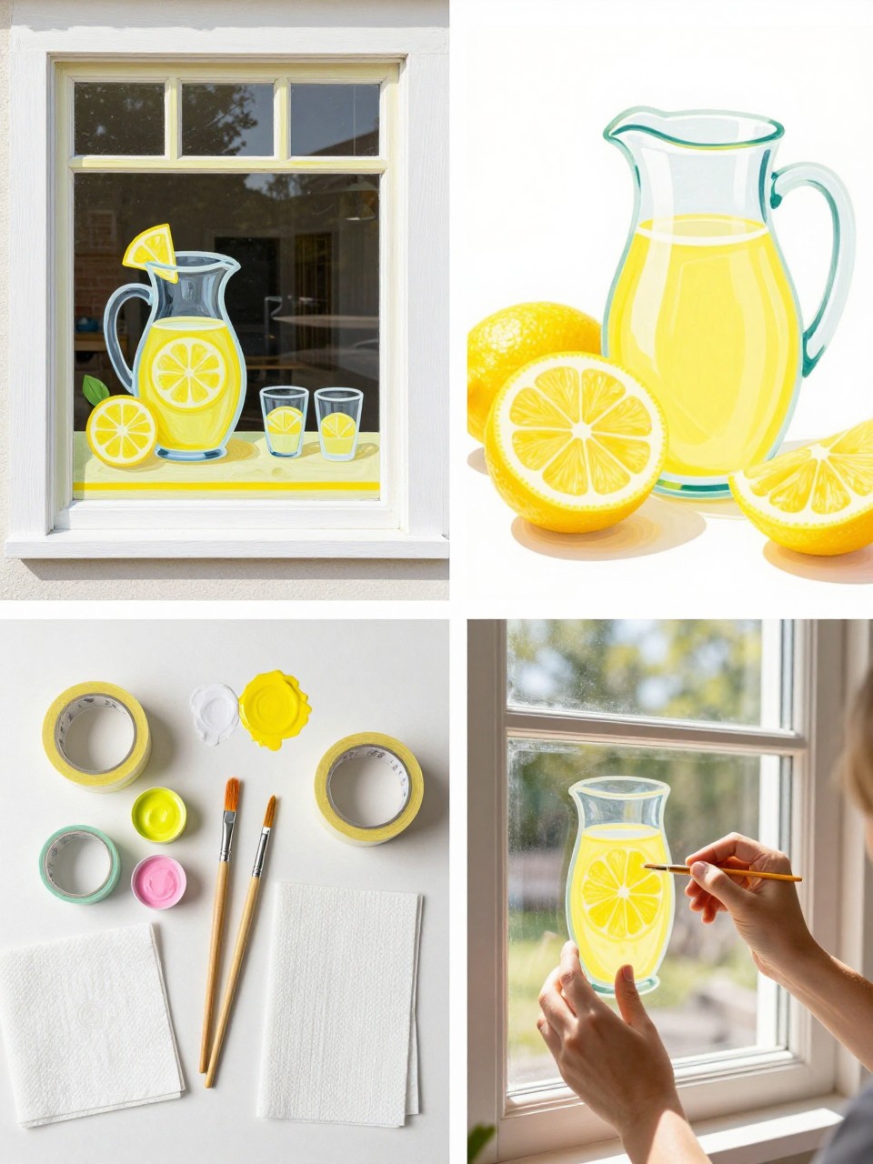 A realistic editorial 2x2 collage grid showing a summer lemonade stand window painting, top-left finished window with painted lemonade pitcher, lemon slices, small cups, and simple yellow border details, top-right close-up of lemon slices and glass pitcher shapes glowing in sunlight, bottom-left flat lay of yellow, white, pink, and green washable window paint, brushes, painter’s tape, paper towels, and water cup, bottom-right cropped hands painting a lemon cup on the lower window pane, sunny kitchen or porch window setting, cheerful summer home craft style, no faces, no text, no watermark on images.