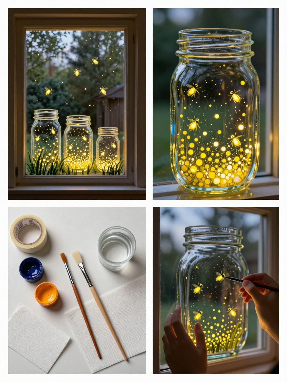 A realistic editorial 2x2 collage grid showing a summer firefly jar window painting, top-left finished window with painted mason jars, small glowing yellow fireflies, stars, and grass along the bottom, top-right close-up of yellow firefly dots and jar outlines glowing in evening light, bottom-left flat lay of washable paint, fine brushes, sponge brush, painter’s tape, paper towels, and water cup, bottom-right cropped hands painting tiny firefly dots around a jar shape on glass, cozy summer evening home setting, no faces, no text, no watermark on images.