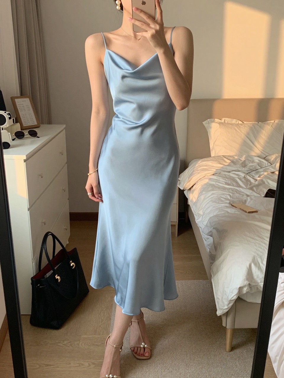 mirror selfie of a woman wearing a powder blue satin midi dress with nude strappy heels, pearl clutch, and gold drop earrings, holding a phone in front of a mirror, cropped at NECK so face doesn't show, with a natural casual selfie pose, in a feminine-themed bedroom, evening golden hour, including small lived-in details like a tote bag on the floor, sunglasses on a dresser, or soft bedding in the background, latest iPhone photo quality.