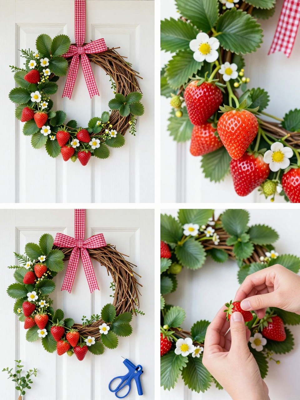 A realistic editorial 2x2 collage grid showing a strawberry garden summer wreath, top-left finished wreath on a white door with faux strawberries, strawberry leaves, small white flowers, and red gingham ribbon, top-right close-up of strawberry clusters and tiny white blossoms, bottom-left flat lay of grapevine wreath base, faux strawberries, greenery, white flowers, gingham ribbon, floral wire, scissors, and glue gun, bottom-right cropped hands adding strawberry picks to the wreath, sweet summer cottage porch setting, no faces, no text, no watermark on images.