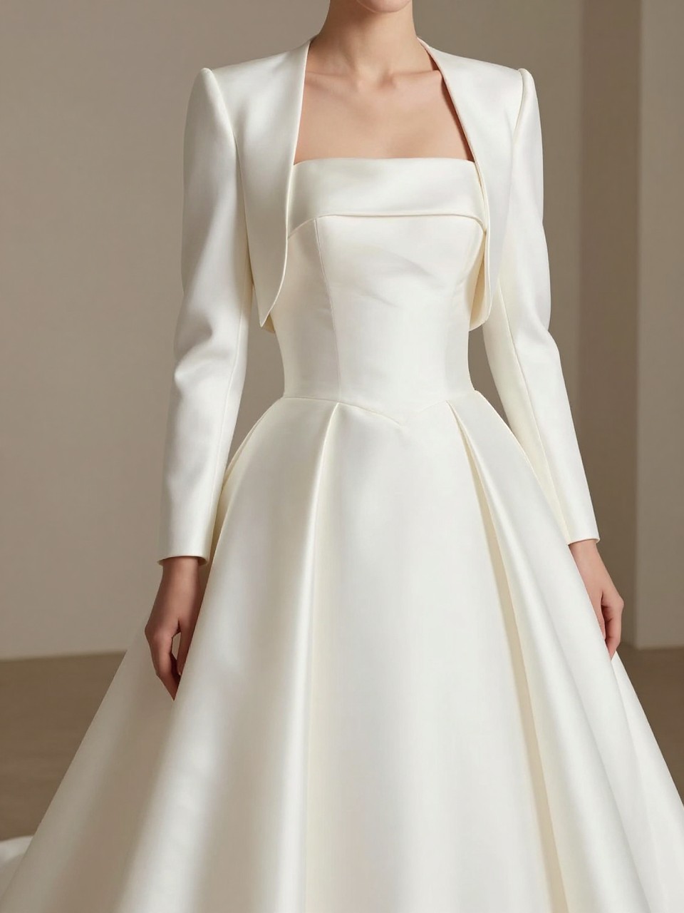 Image Prompt: A luxury bridal editorial photo of a strapless basque waist wedding gown styled with a detachable satin bolero. Show the bride from the shoulders down or from behind with the face not visible. The bolero has a smooth satin finish, elegant long sleeves, and a tailored shape that sits neatly over the bodice. Highlight the basque waist, structured skirt, and polished church or bridal studio setting with soft light, realistic satin texture, no visible face, no text, no watermark. (no watermarks on images)
