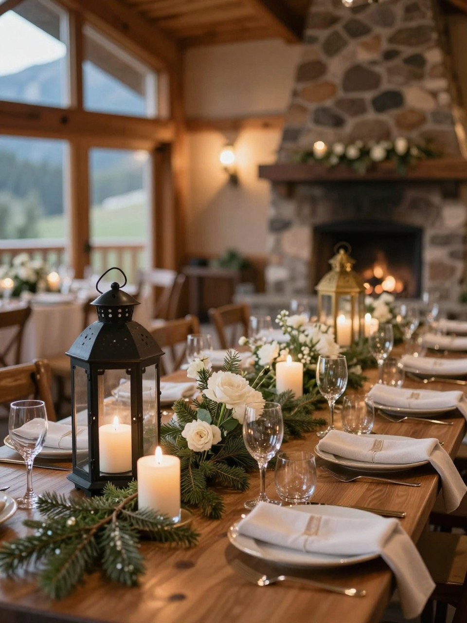 A romantic mountain wedding table decorated with small black or antique brass lanterns, ivory candles, white flowers, pine greenery, linen napkins, white plates, and clear glassware. Warm mountain lodge reception with wood beams, stone fireplace, and soft evening light, no visible faces, no text, no watermark, realistic editorial wedding photography, (no watermarks on images)