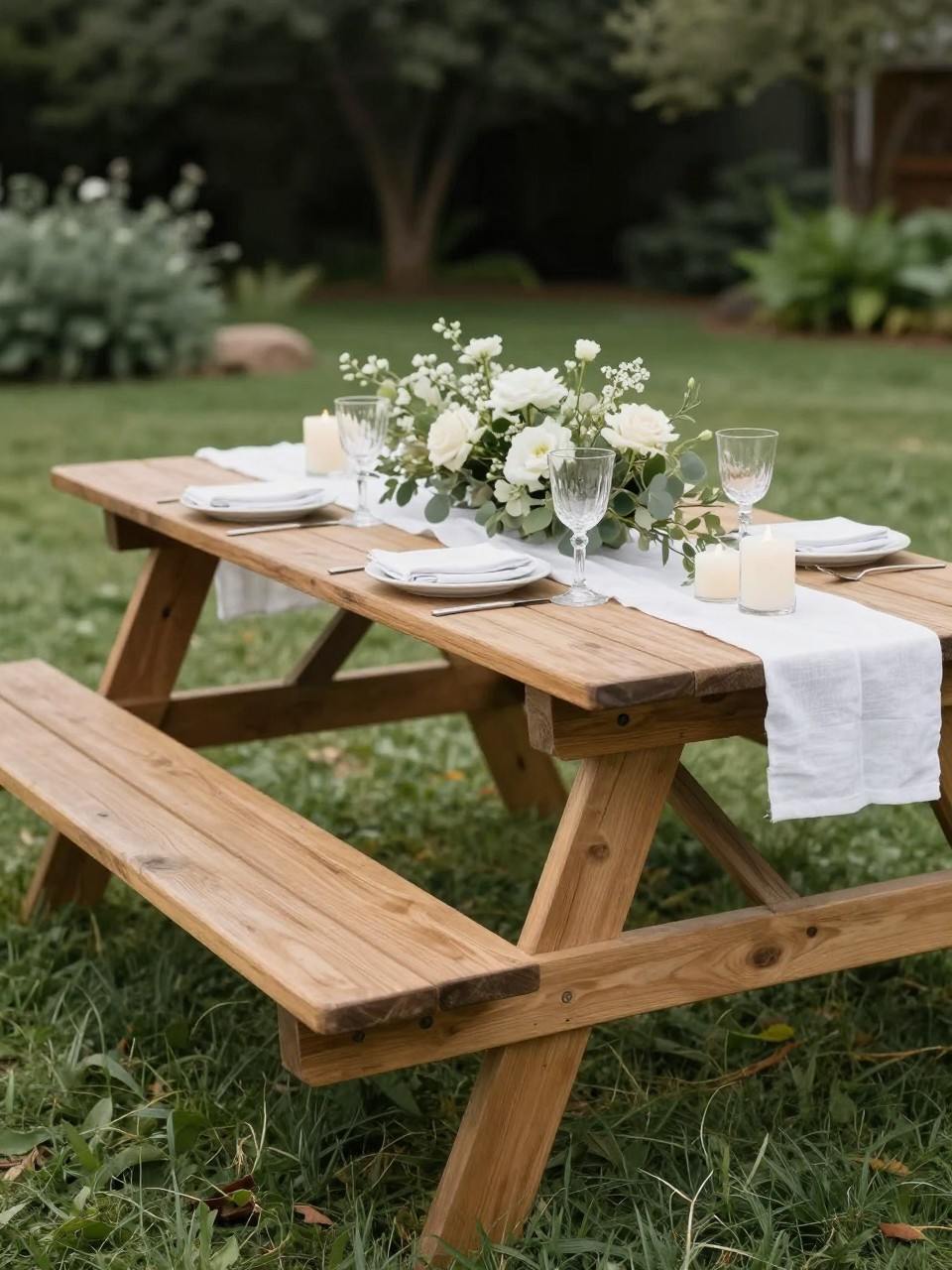 A classy picnic table wedding setup showing a wooden picnic table with simple tabletop decor and small floral or greenery details attached lightly to the bench ends. Include a white linen runner, candles, white plates, clear glassware, and a garden wedding setting. No visible faces, no full people, no text, no watermark, realistic editorial wedding photography, (no watermarks on images)